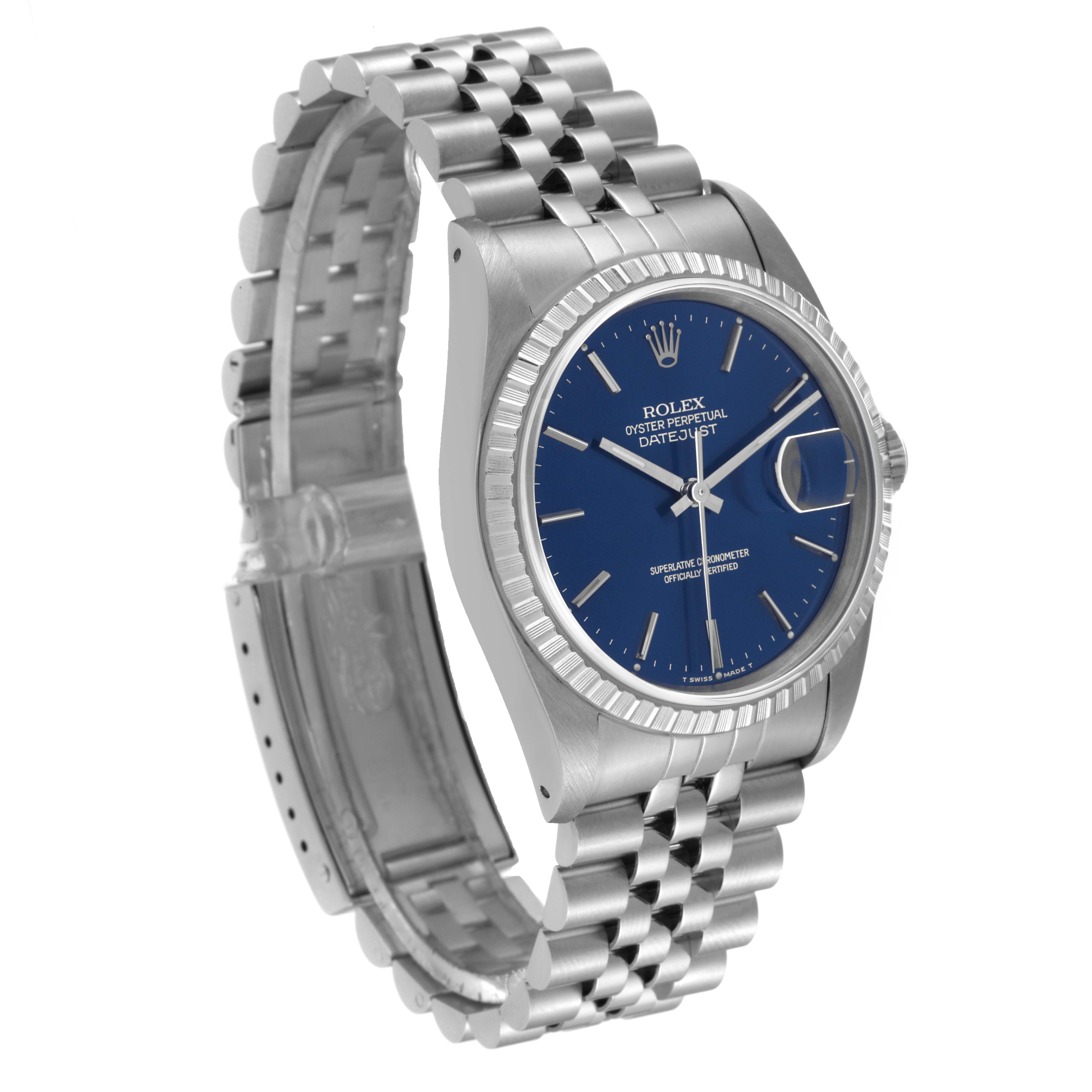 The Rolex Datejust 16220 Men's Stainless Steel Blue Dial 16220 Men's Stainless Steel Blue Dial watch is shown at a slight angle, highlighting the blue dial, fluted bezel, and Jubilee bracelet.