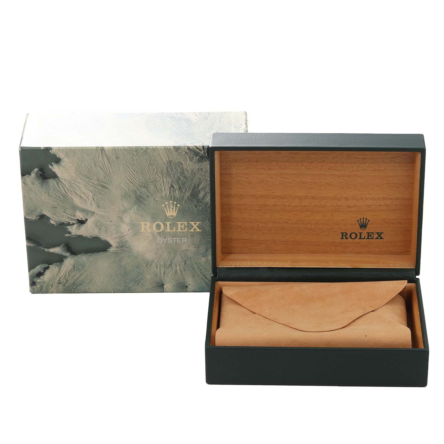 The image shows the packaging accessories for a Rolex Datejust 16220 Men's Stainless Steel Blue Dial 16220 Men's Stainless Steel Blue Dial, including an outer box and an open inner wooden box with a leather pouch.