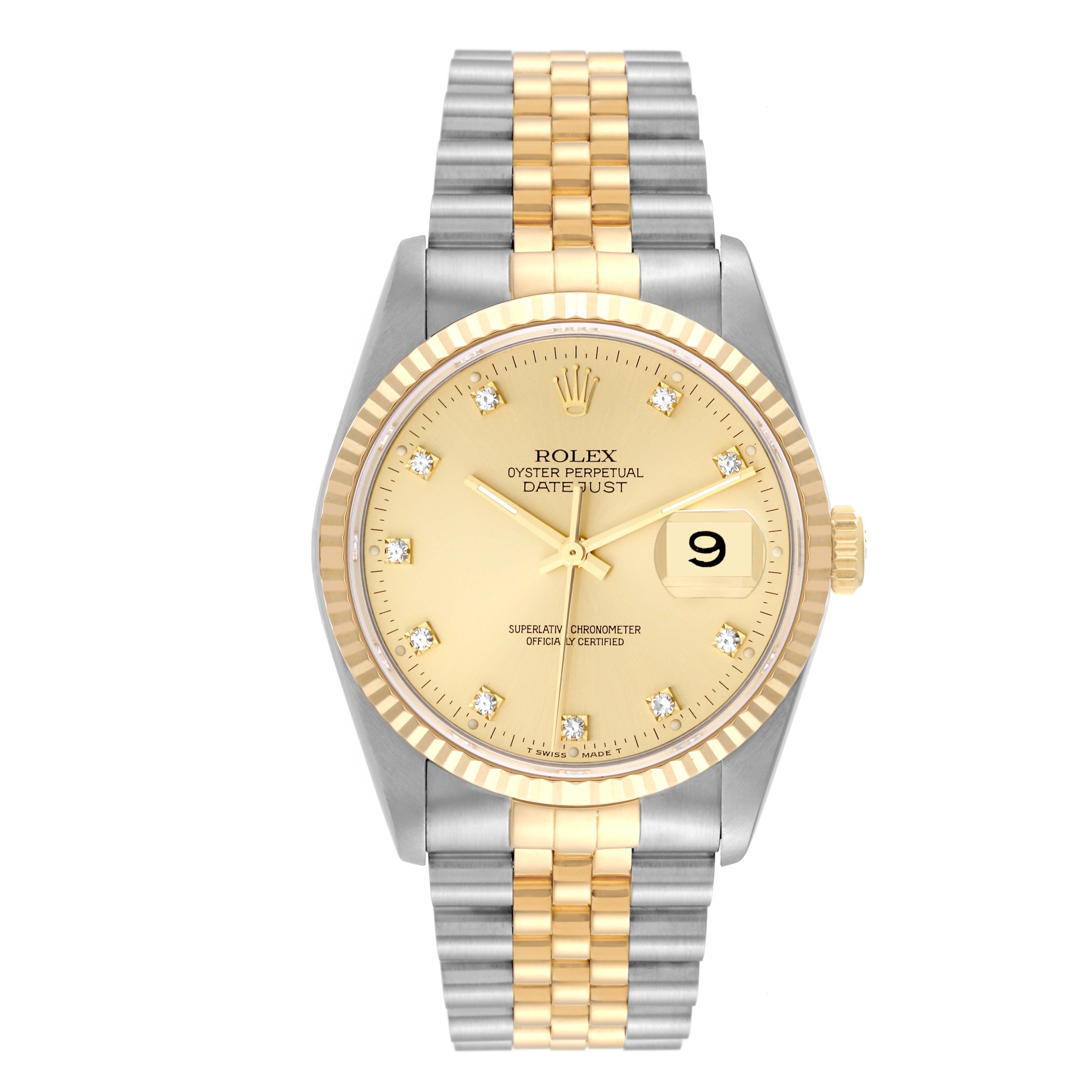 The image shows a front view of the Rolex Datejust 16233 Men's Steel and Gold (two tone) Champagne Dial 16233 Men's Steel and Gold (two tone) Champagne Dial watch, displaying its face, bezel, and two-tone bracelet.