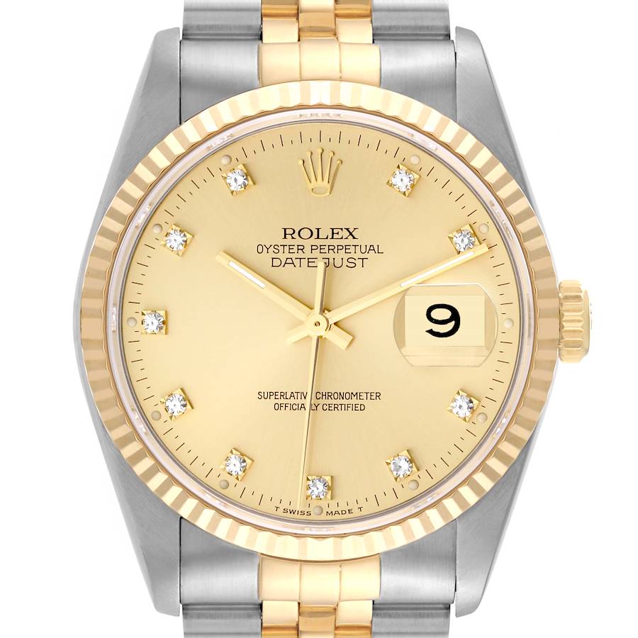 This image shows a Rolex Datejust watch head-on, highlighting the face, bezel, crown, and part of the bracelet.