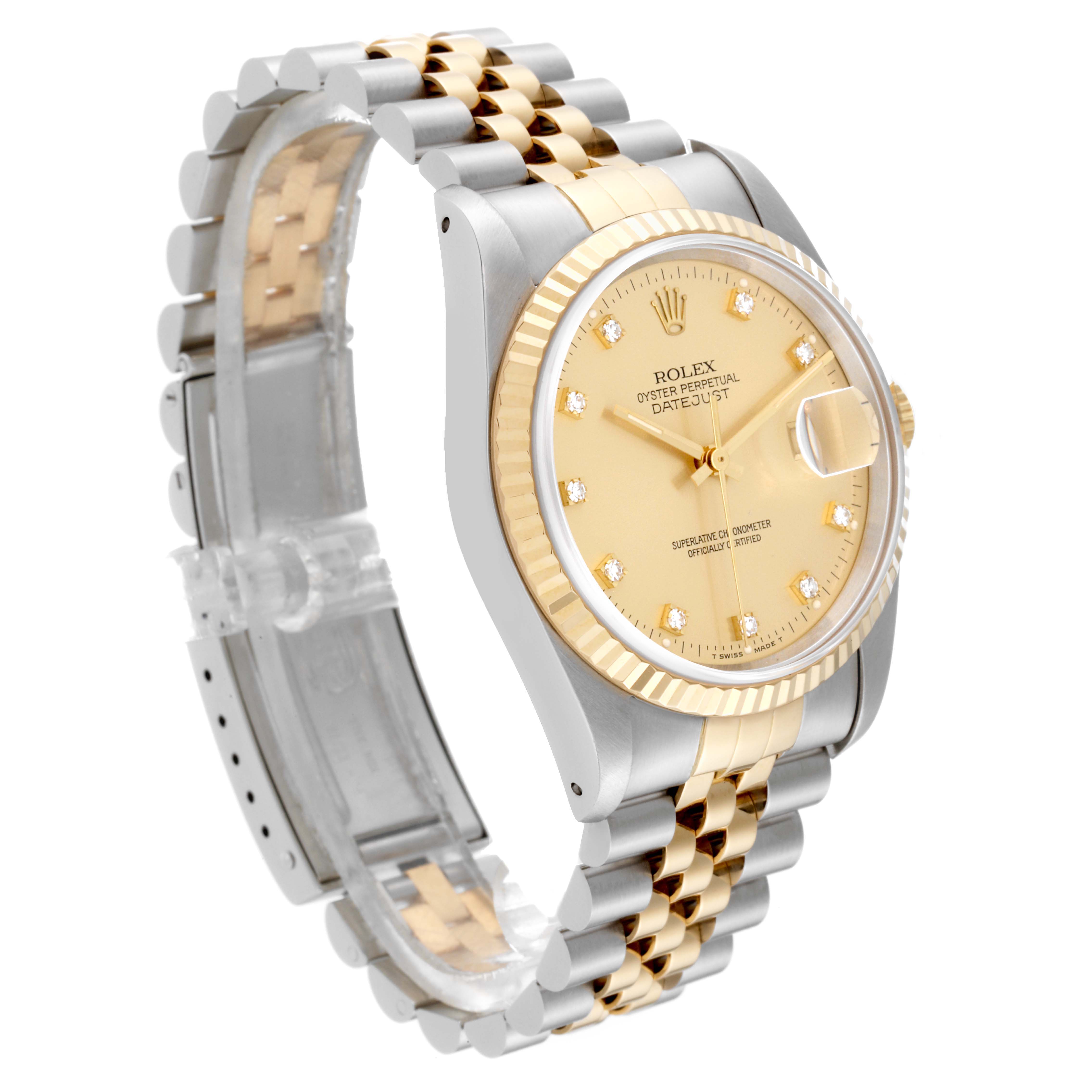 The Rolex Datejust 16233 Men's Steel and Gold (two tone) Champagne Dial 16233 Men's Steel and Gold (two tone) Champagne Dial watch is shown in a three-quarter view, highlighting its gold dial, jubilee bracelet, and fluted bezel.