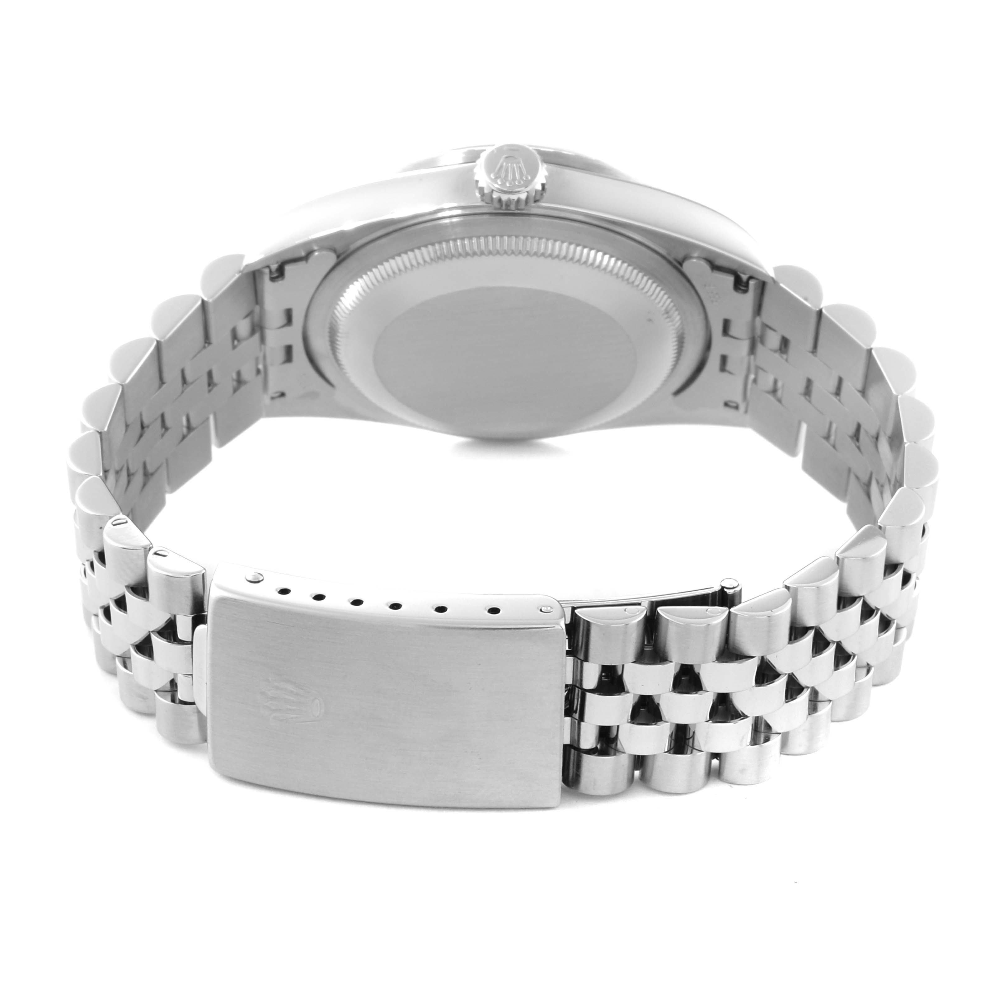 This image shows the back view of the Rolex Datejust 16220 Men's Stainless Steel Black Dial 16220 Men's Stainless Steel Black Dial watch, focusing on the clasp and bracelet details.