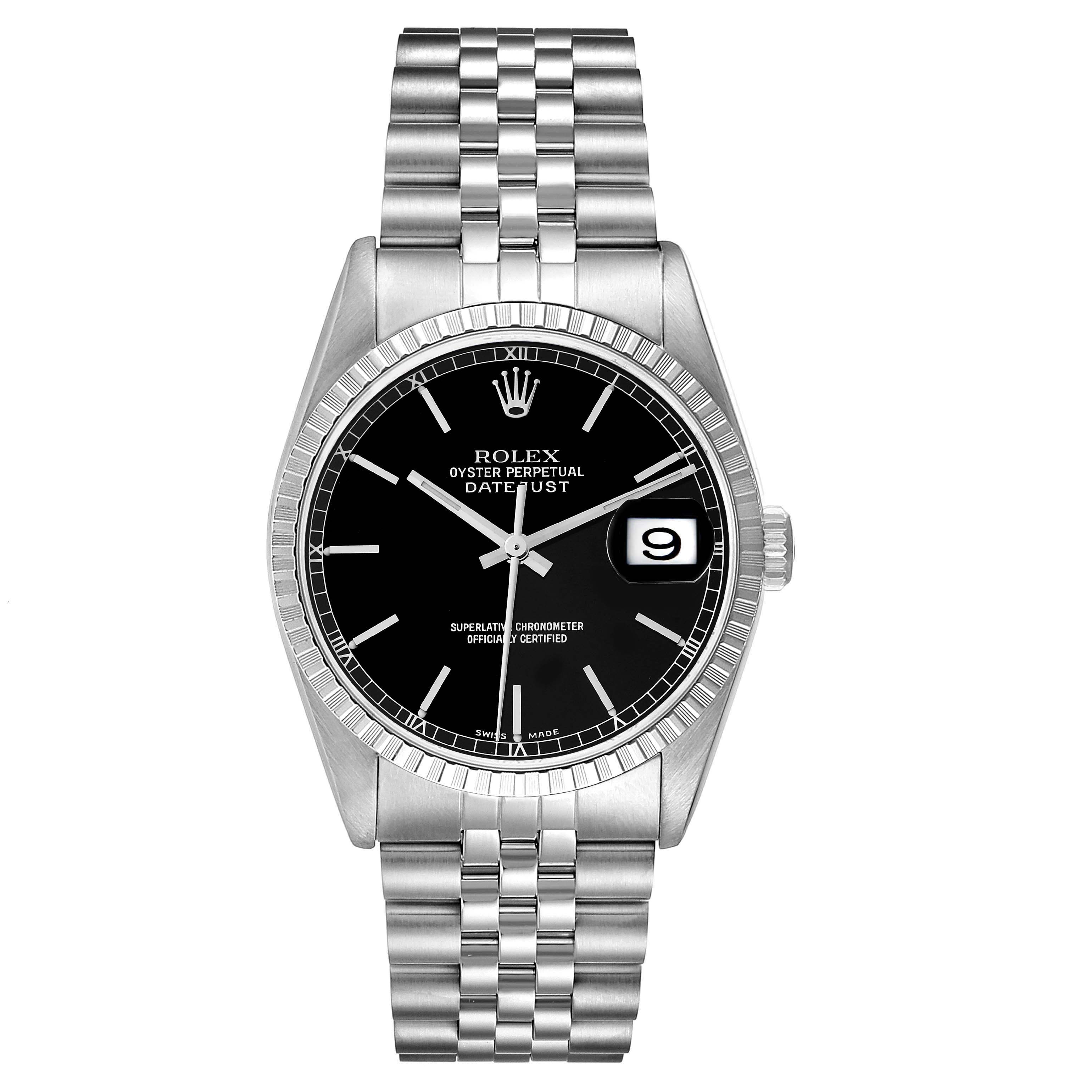 The image shows a front view of a Rolex Datejust 16220 Men's Stainless Steel Black Dial 16220 Men's Stainless Steel Black Dial watch, displaying its black dial, fluted bezel, and Jubilee bracelet.