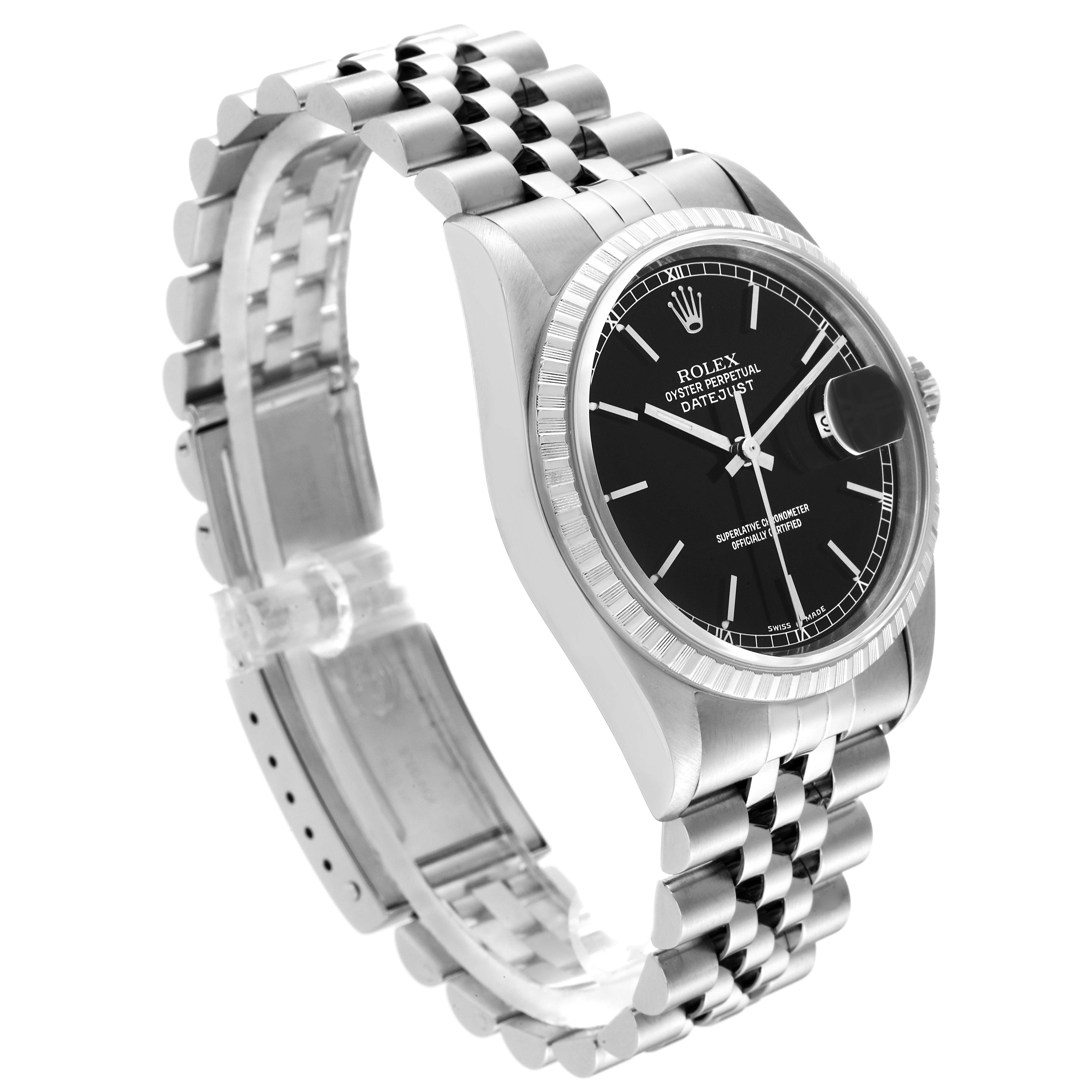 This is a side angle view of a Rolex Datejust 16220 Men's Stainless Steel Black Dial 16220 Men's Stainless Steel Black Dial watch showing its face, bezel, and bracelet.
