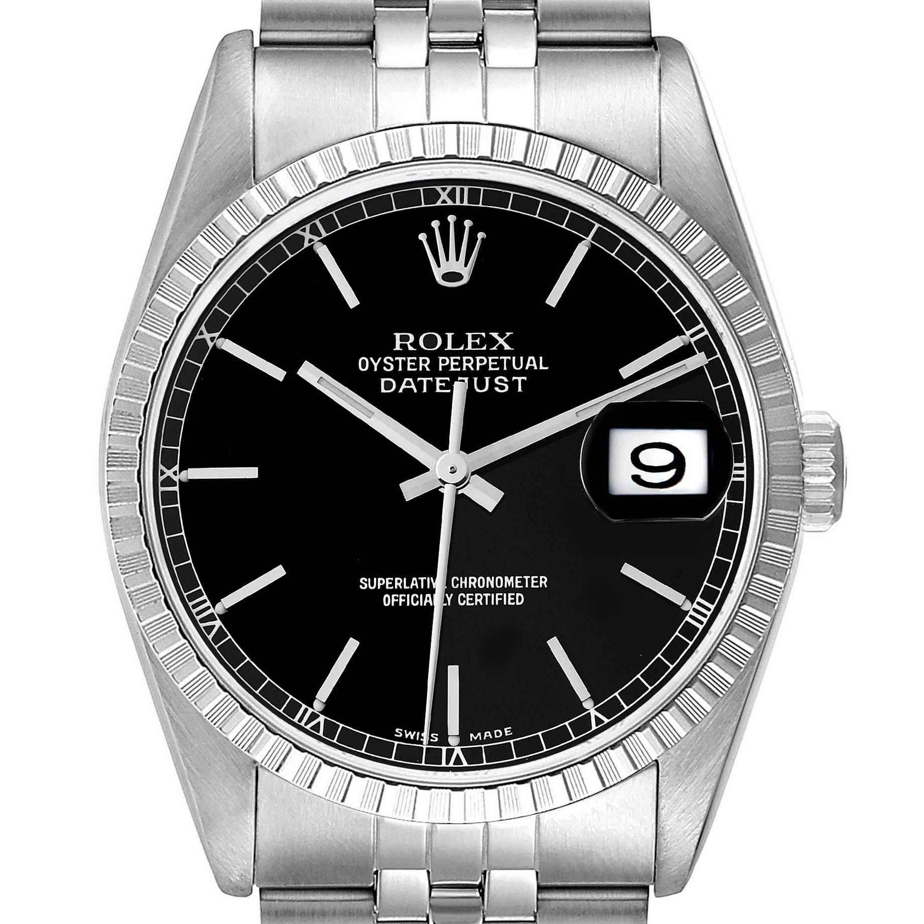 This image shows a front view of the Rolex Datejust 16220 Men's Stainless Steel Black Dial 16220 Men's Stainless Steel Black Dial watch, displaying the dial, bezel, and part of the bracelet.