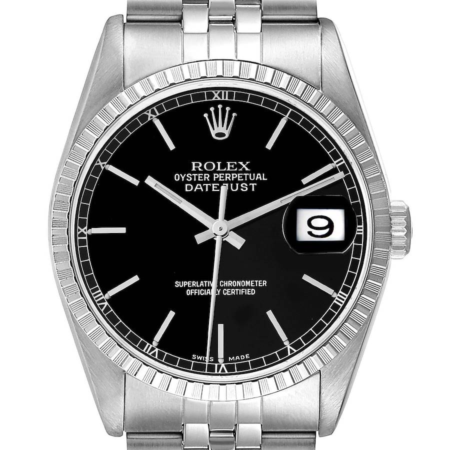 This image shows a front view of the Rolex Datejust watch, displaying the dial, bezel, and part of the bracelet.