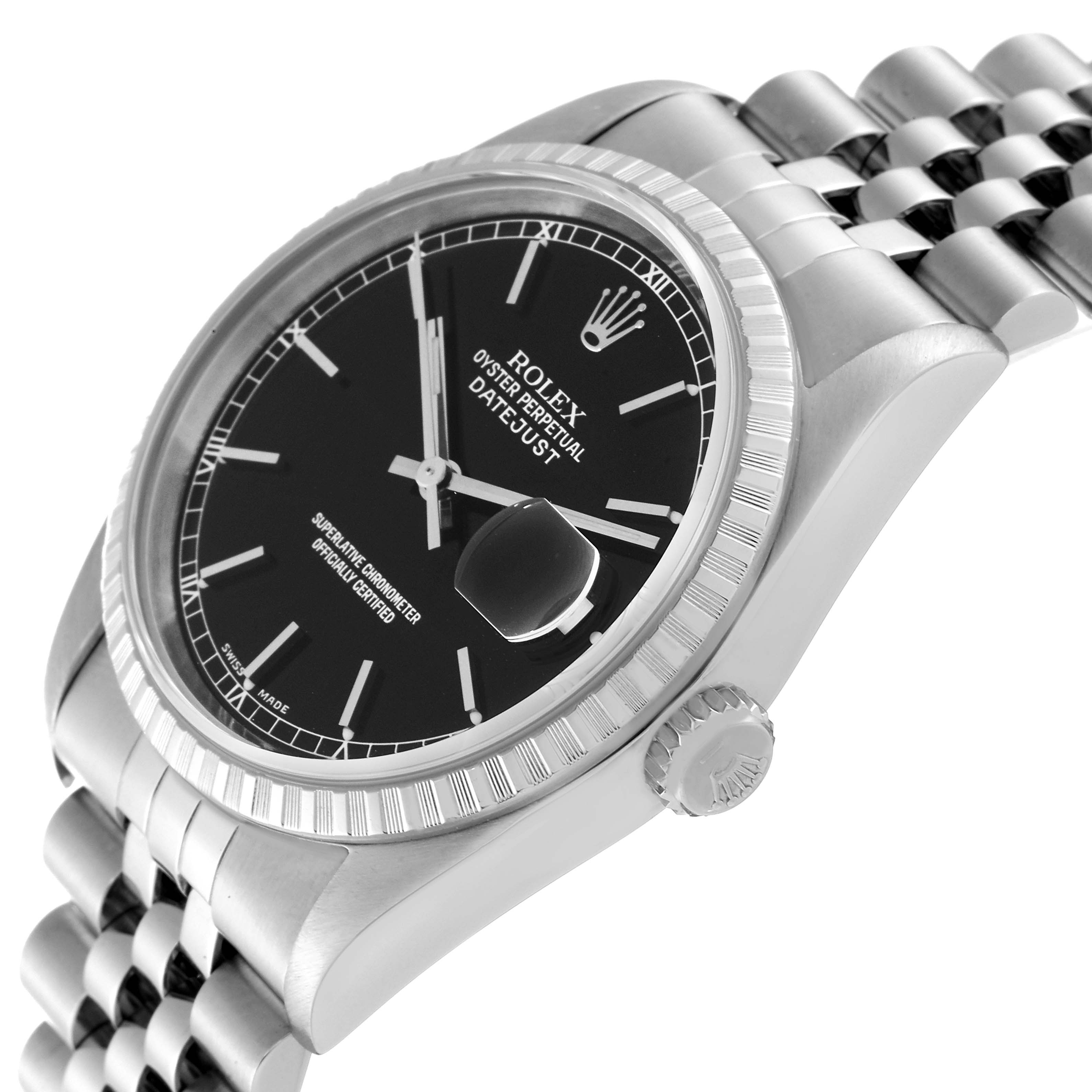 This image shows a close-up angle of the Rolex Datejust 16220 Men's Stainless Steel Black Dial 16220 Men's Stainless Steel Black Dial watch, highlighting its black dial, fluted bezel, crown, and Jubilee bracelet.