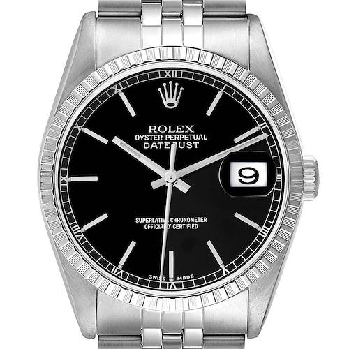 The image shows a front view of a Rolex Datejust watch, displaying its dial, bezel, and bracelet.