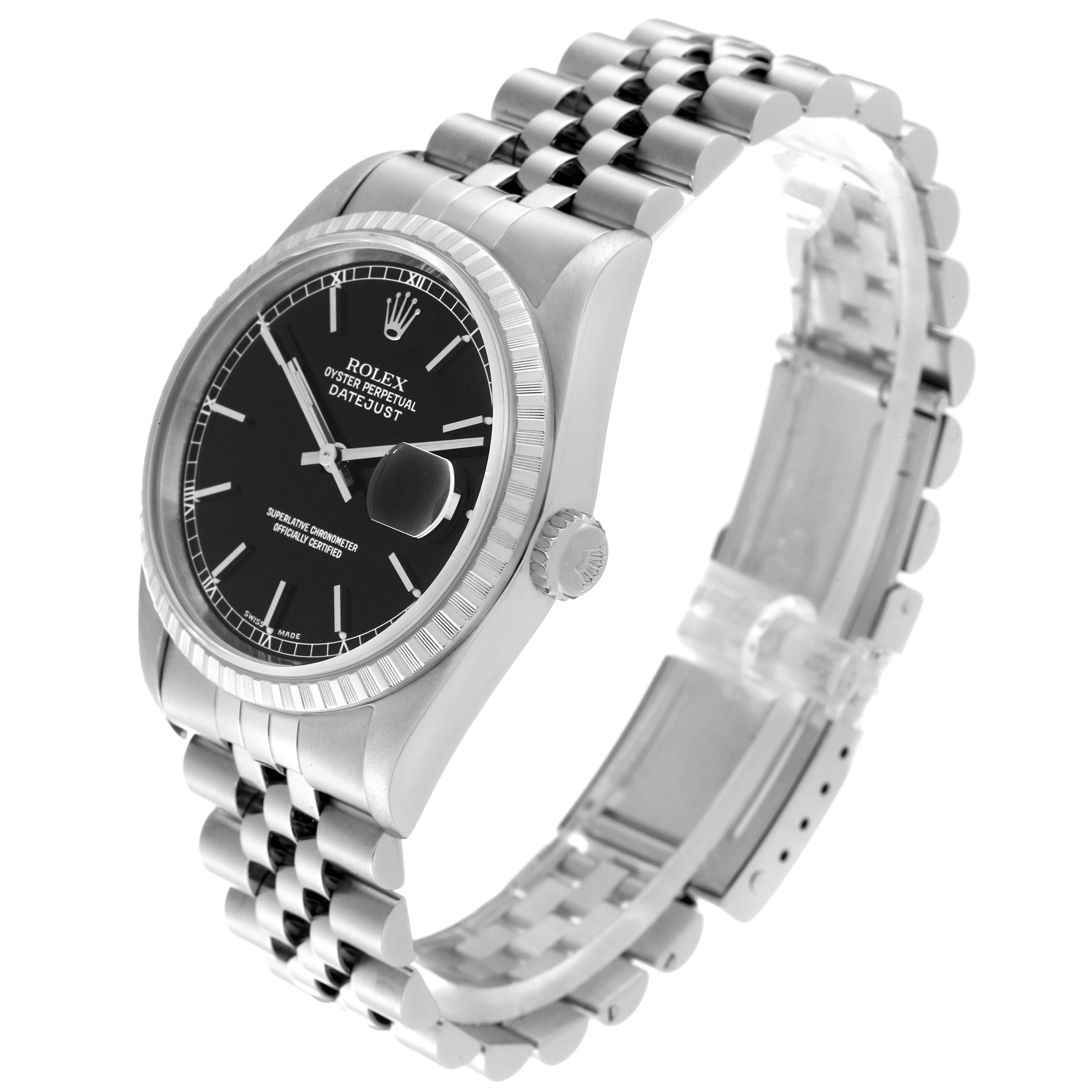 The image shows a Rolex Datejust 16220 Men's Stainless Steel Black Dial 16220 Men's Stainless Steel Black Dial watch at a three-quarter angle, highlighting the black dial, fluted bezel, and Jubilee bracelet.
