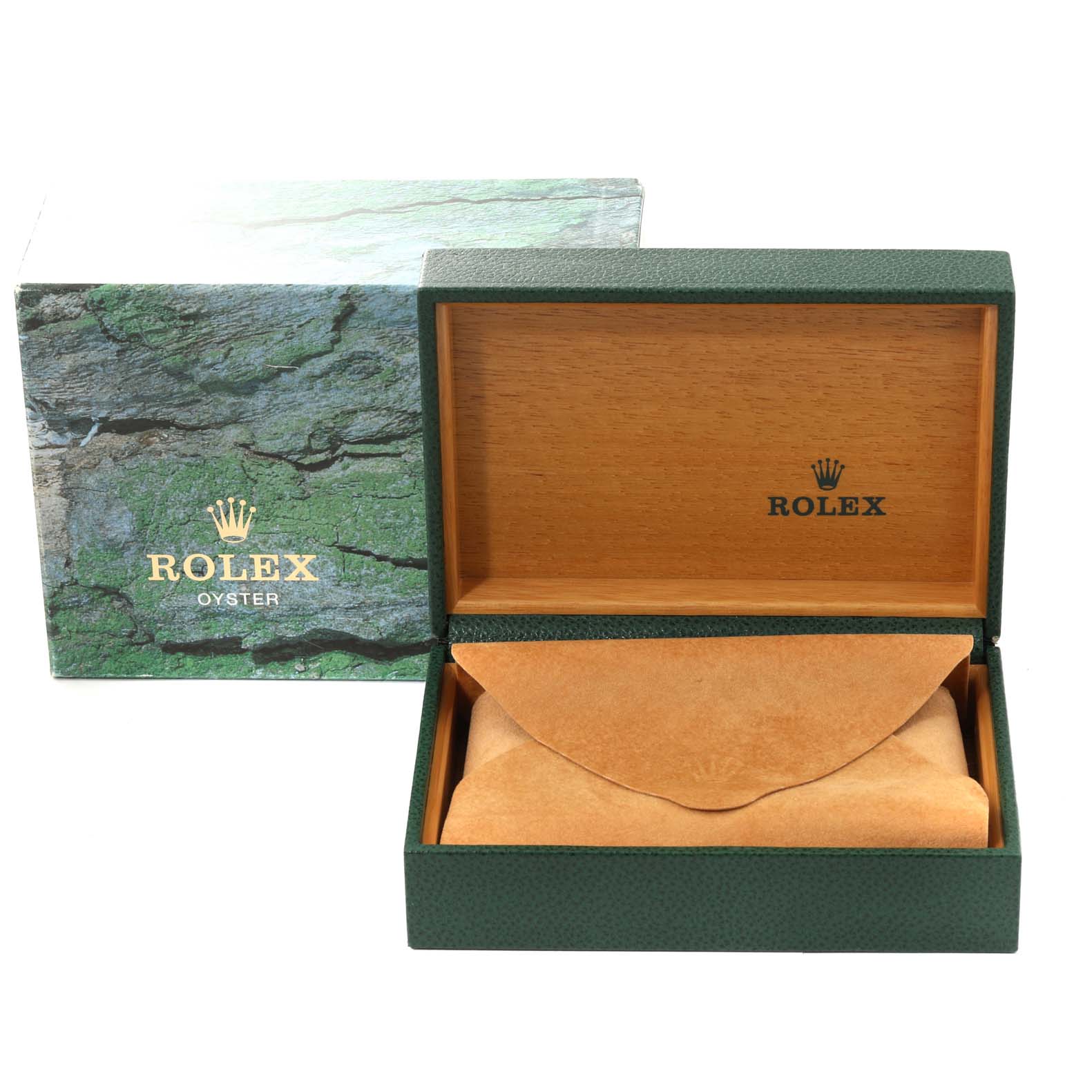 The image shows an open Rolex Datejust 16220 Men's Stainless Steel Black Dial 16220 Men's Stainless Steel Black Dial watch box, revealing its wooden interior and suede watch holder, with the outer box in the background.