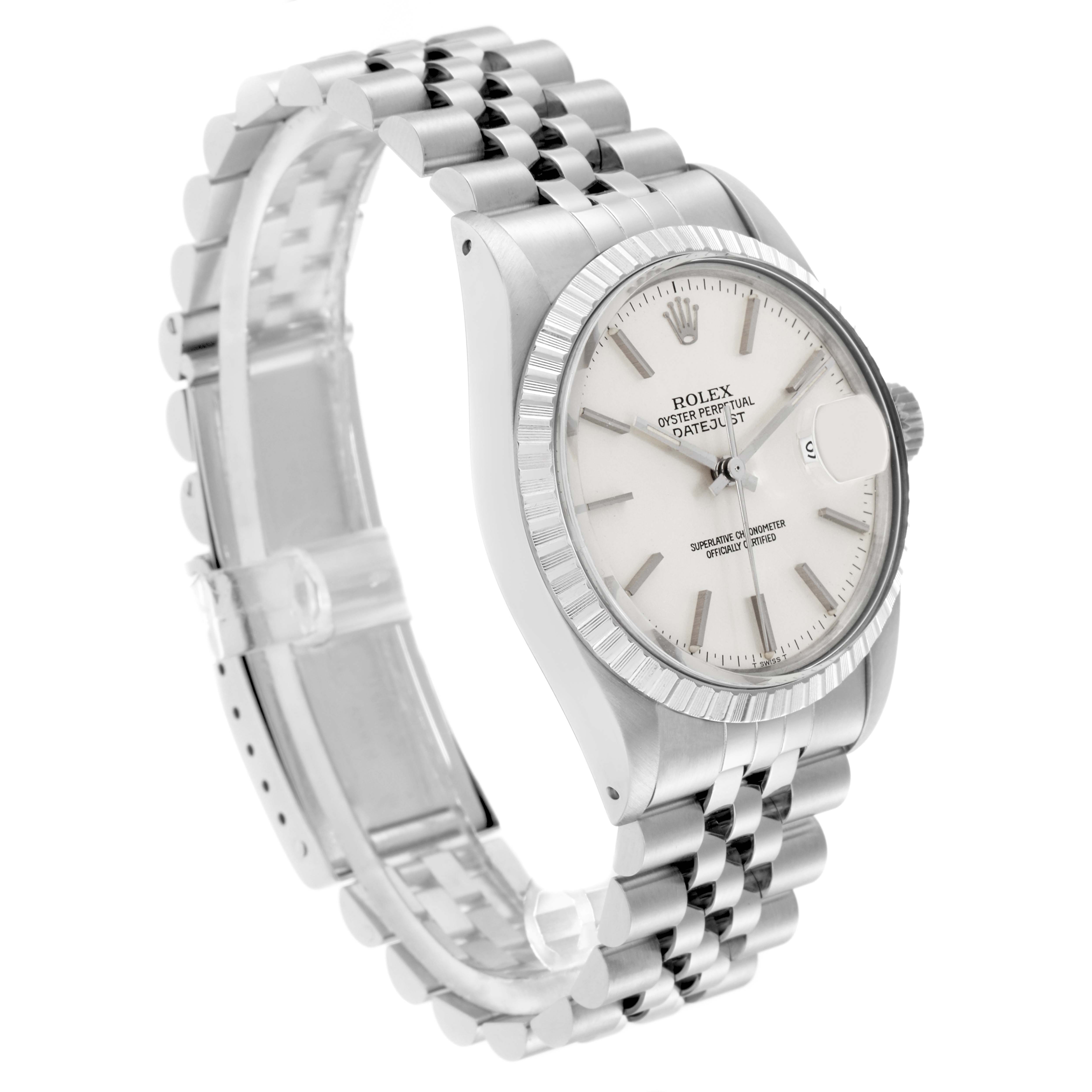 The Rolex Datejust 16030 Men
s Stainless Steel Silver Dial 16030 Men
s Stainless Steel Silver Dial watch is shown at a slight side angle, highlighting the face, bezel, and Jubilee bracelet.