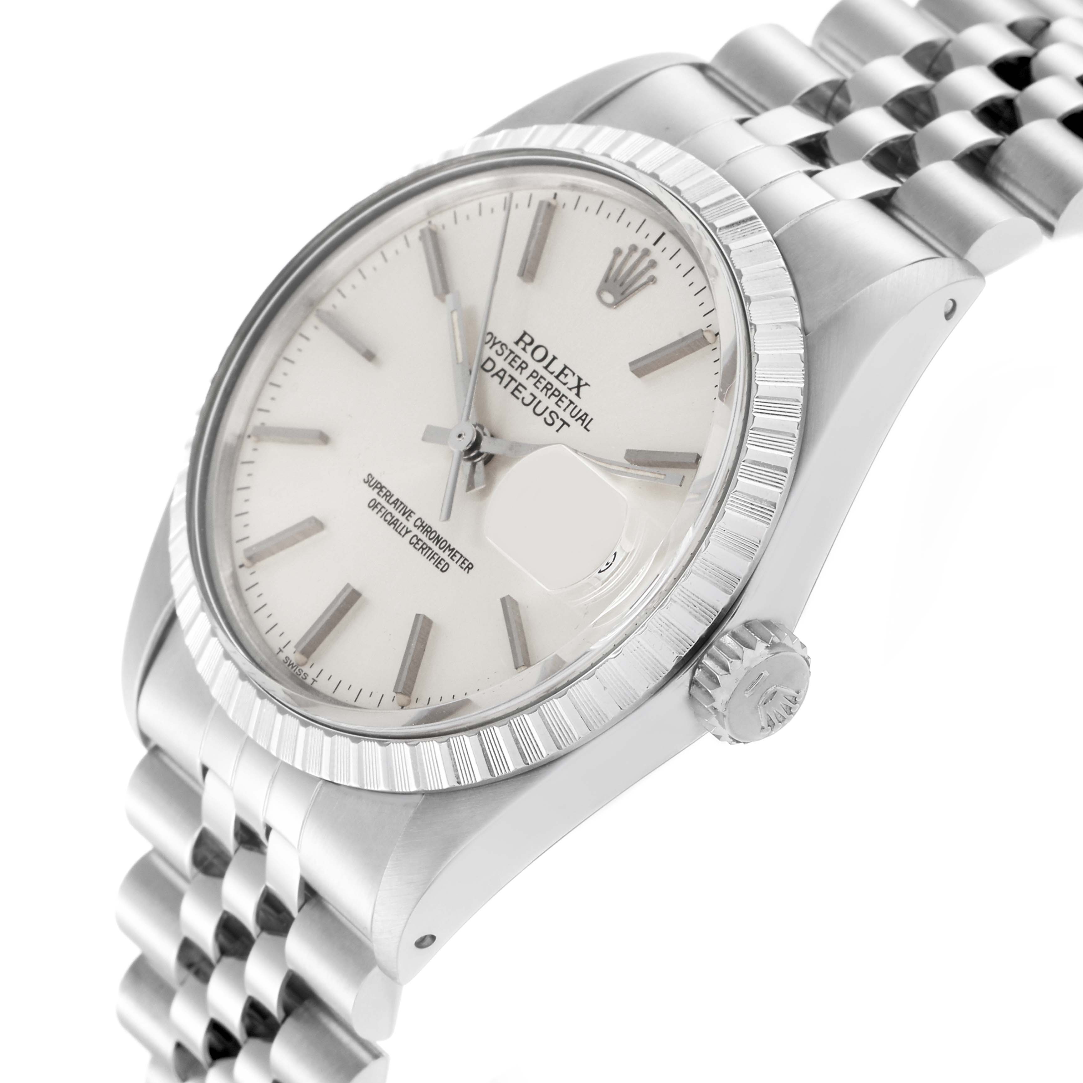 The Rolex Datejust 16030 Men
s Stainless Steel Silver Dial 16030 Men
s Stainless Steel Silver Dial watch is shown at a slight angle highlighting the dial, bezel, crown, and part of the bracelet.