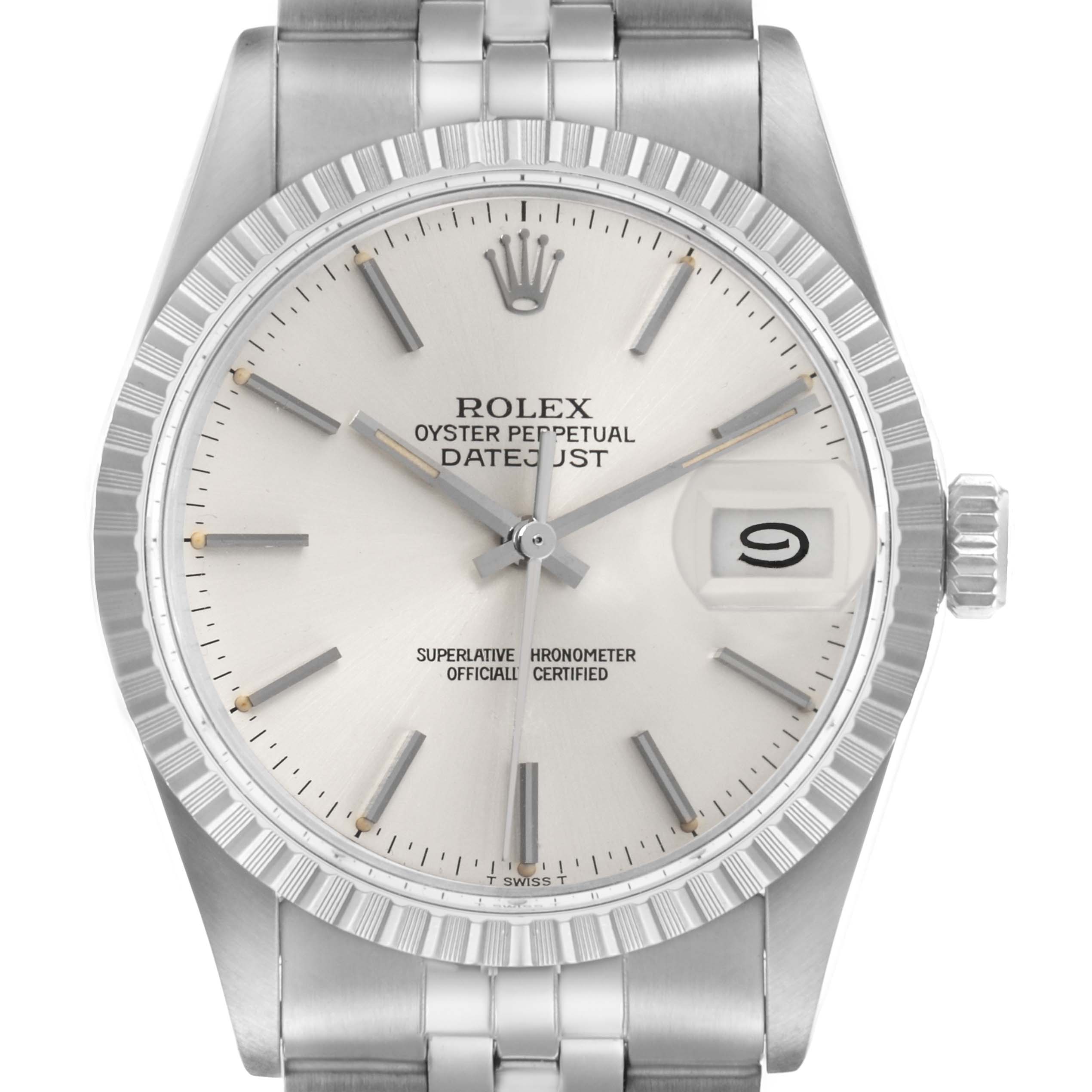 This image shows a front view of a Rolex Datejust 16030 Men
s Stainless Steel Silver Dial 16030 Men
s Stainless Steel Silver Dial, highlighting the dial, fluted bezel, crown, and part of the bracelet.