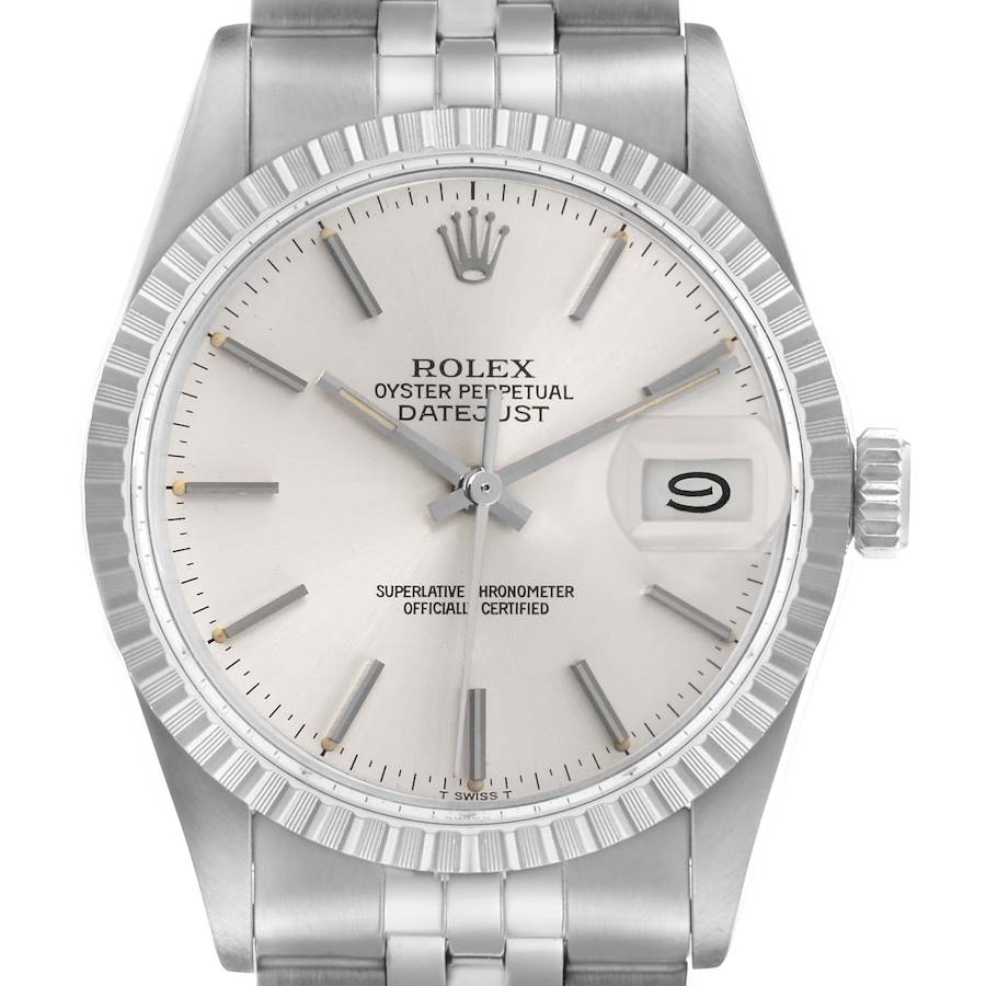 This image shows a front view of a Rolex Datejust, highlighting the dial, fluted bezel, crown, and part of the bracelet.