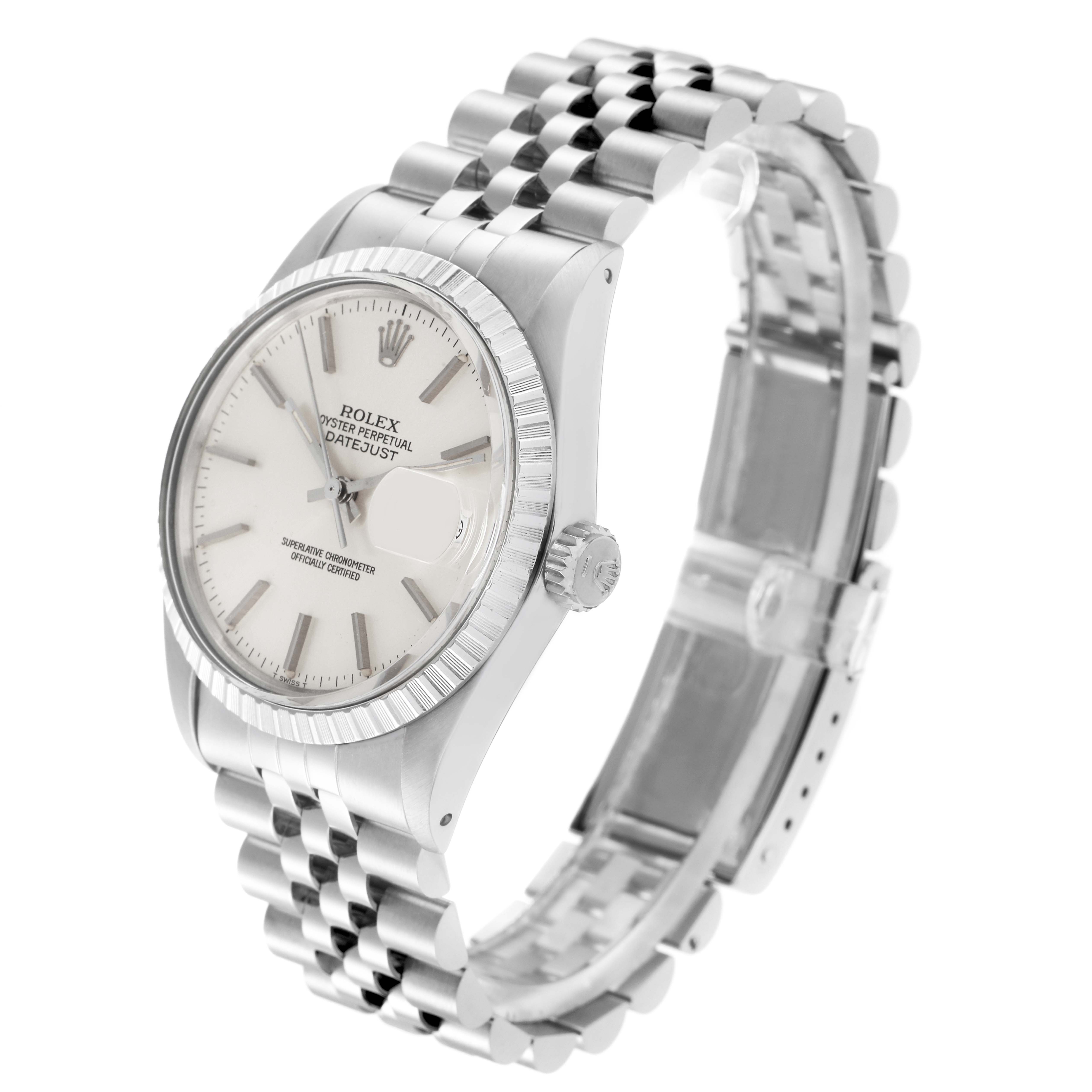 The Rolex Datejust 16030 Men
s Stainless Steel Silver Dial 16030 Men
s Stainless Steel Silver Dial watch is shown at a slight angle, displaying the dial, bezel, crown, and Jubilee bracelet.