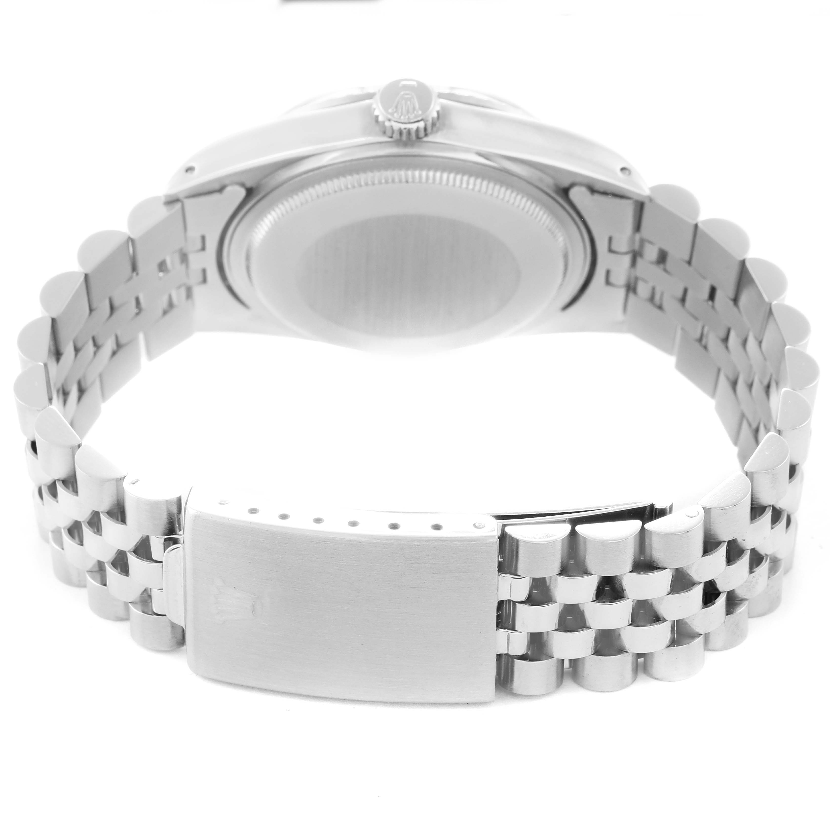 The image shows the back view of a Rolex Datejust 16030 Men
s Stainless Steel Silver Dial 16030 Men
s Stainless Steel Silver Dial watch, highlighting the clasp, bracelet, and caseback.