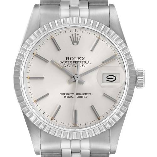 The Rolex Datejust watch is shown from a front angle, highlighting the dial, bezel, hands, date window, and part of the bracelet.