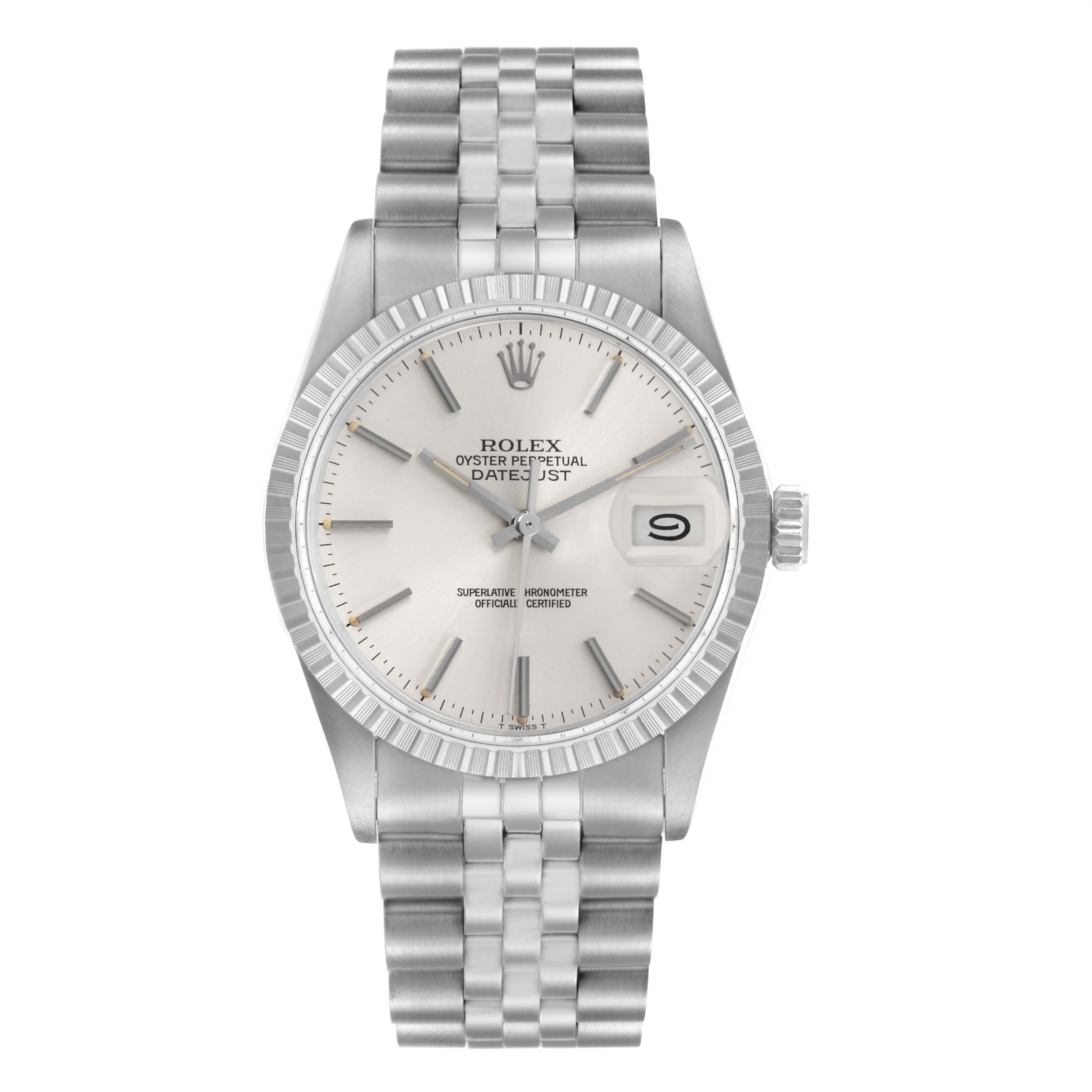 The Rolex Datejust 16030 Men
s Stainless Steel Silver Dial 16030 Men
s Stainless Steel Silver Dial watch is shown from a front view, displaying the dial, bezel, crown, and bracelet clearly.