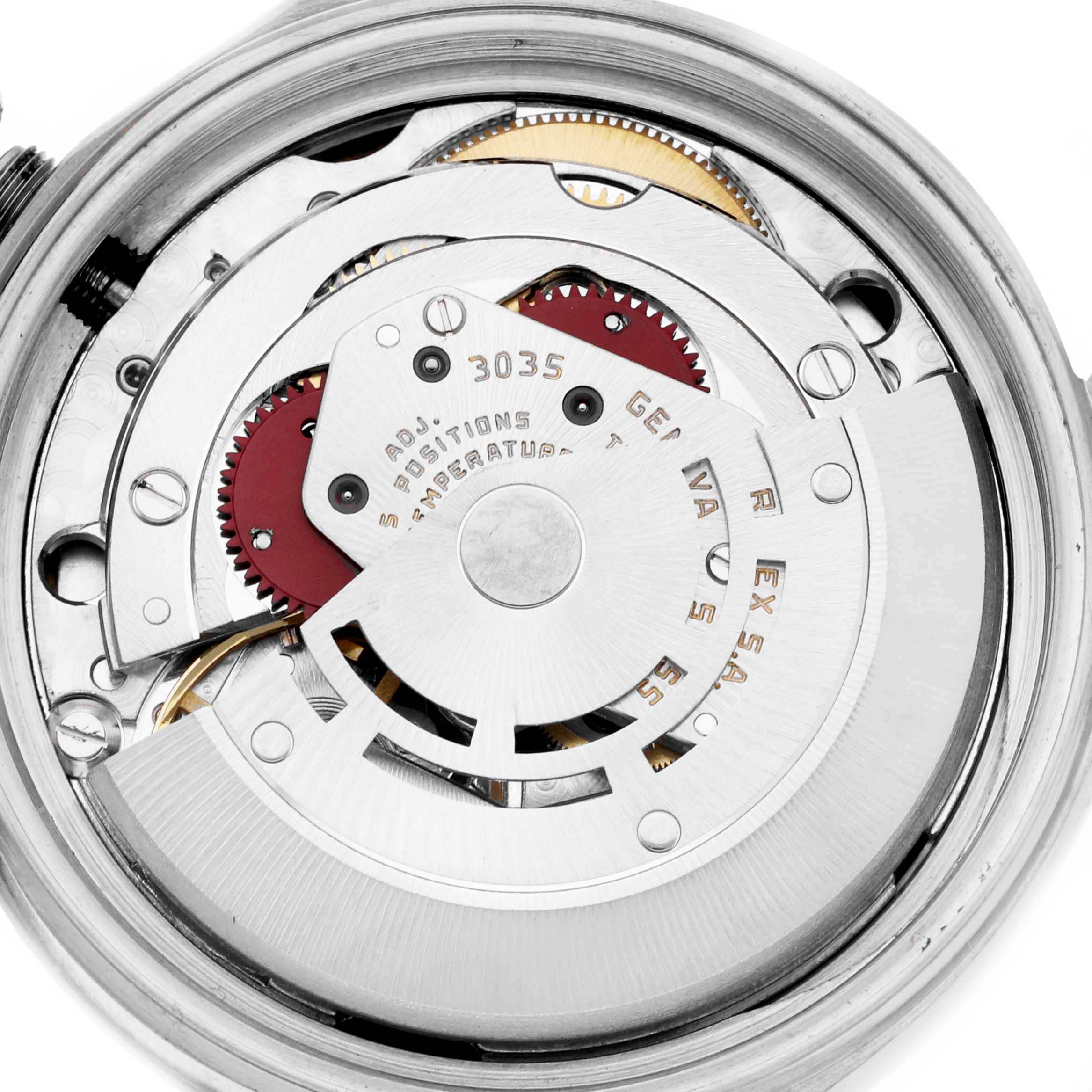 The image shows the movement mechanism of a Rolex Datejust 16030 Men
s Stainless Steel Silver Dial 16030 Men
s Stainless Steel Silver Dial, focusing on the rotor and gears.