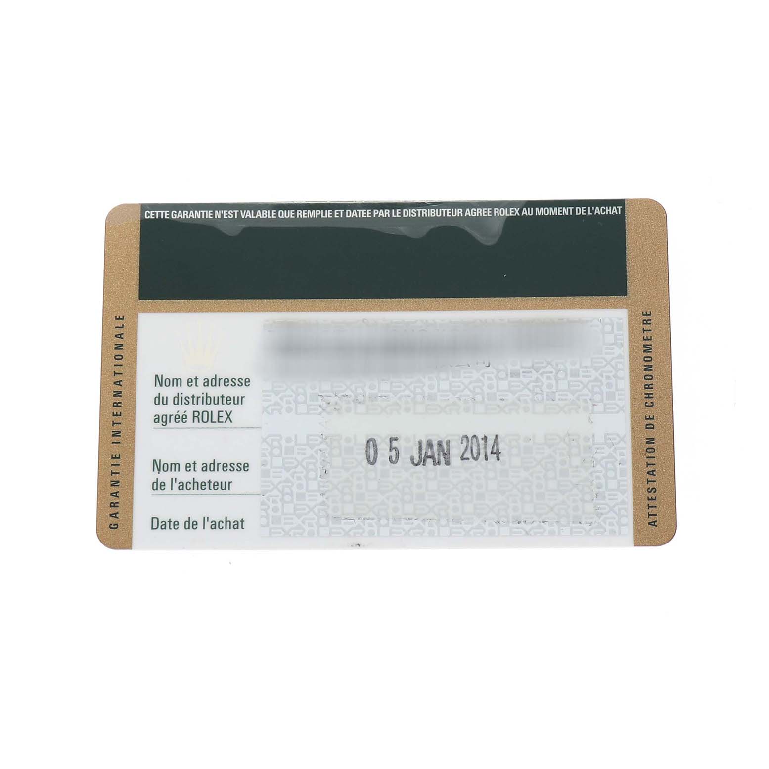 The image shows a warranty card for a Rolex Datejust 41 116300 Men's Stainless Steel Blue Dial, displaying purchase and dealer details.