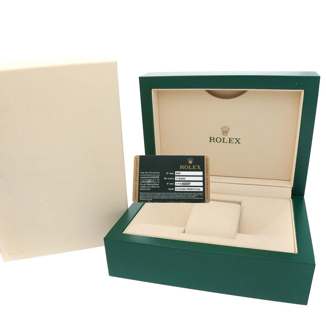 The image shows the Rolex Datejust 41 116300 Men's Stainless Steel Blue Dial box with an open lid and a certification card displayed.