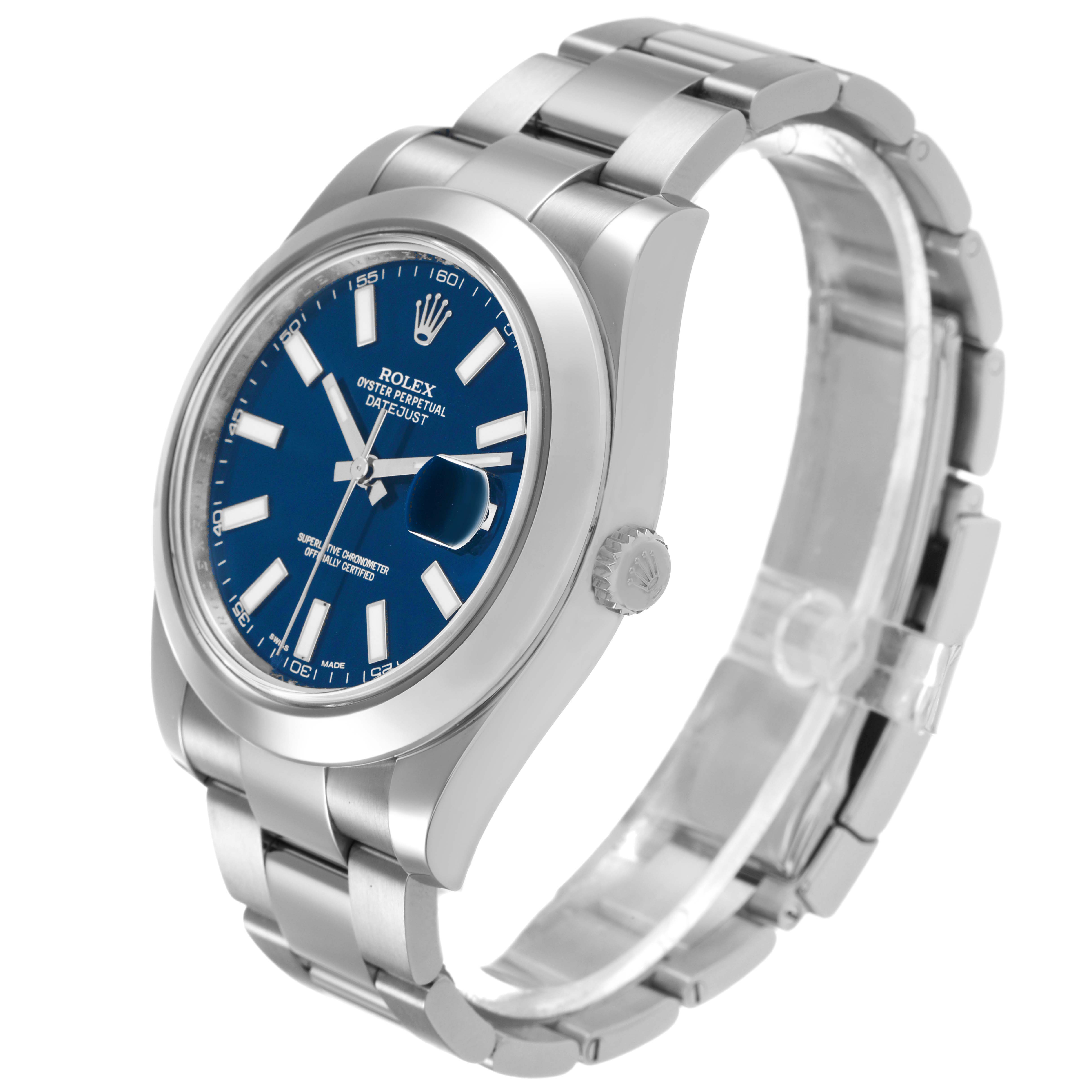 The Rolex Datejust 41 116300 Men's Stainless Steel Blue Dial is shown at a three-quarter angle, displaying the dial, bracelet, and crown.