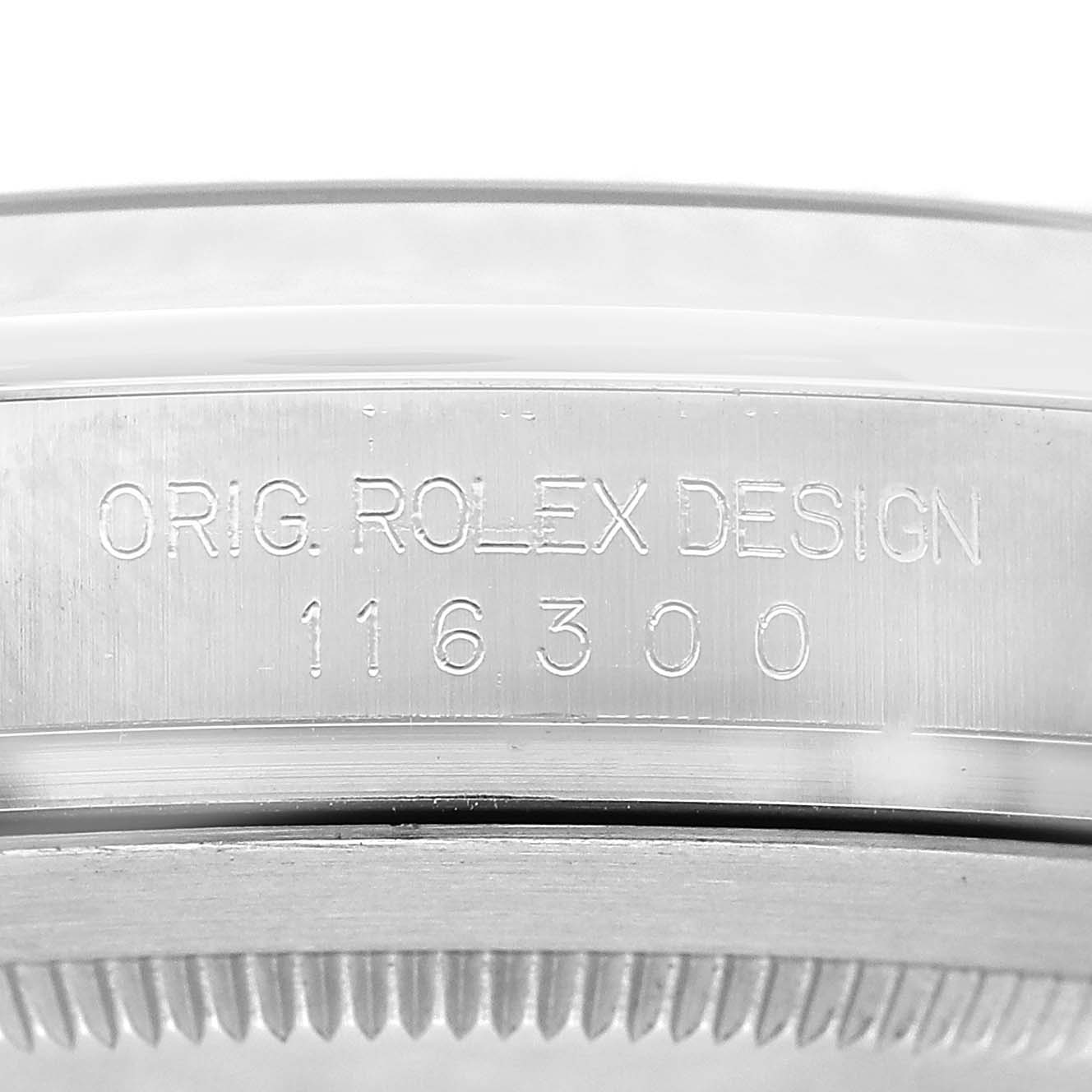 The image shows a close-up of the case side of a Rolex Datejust 41 116300 Men's Stainless Steel Blue Dial, featuring the engraved model number.