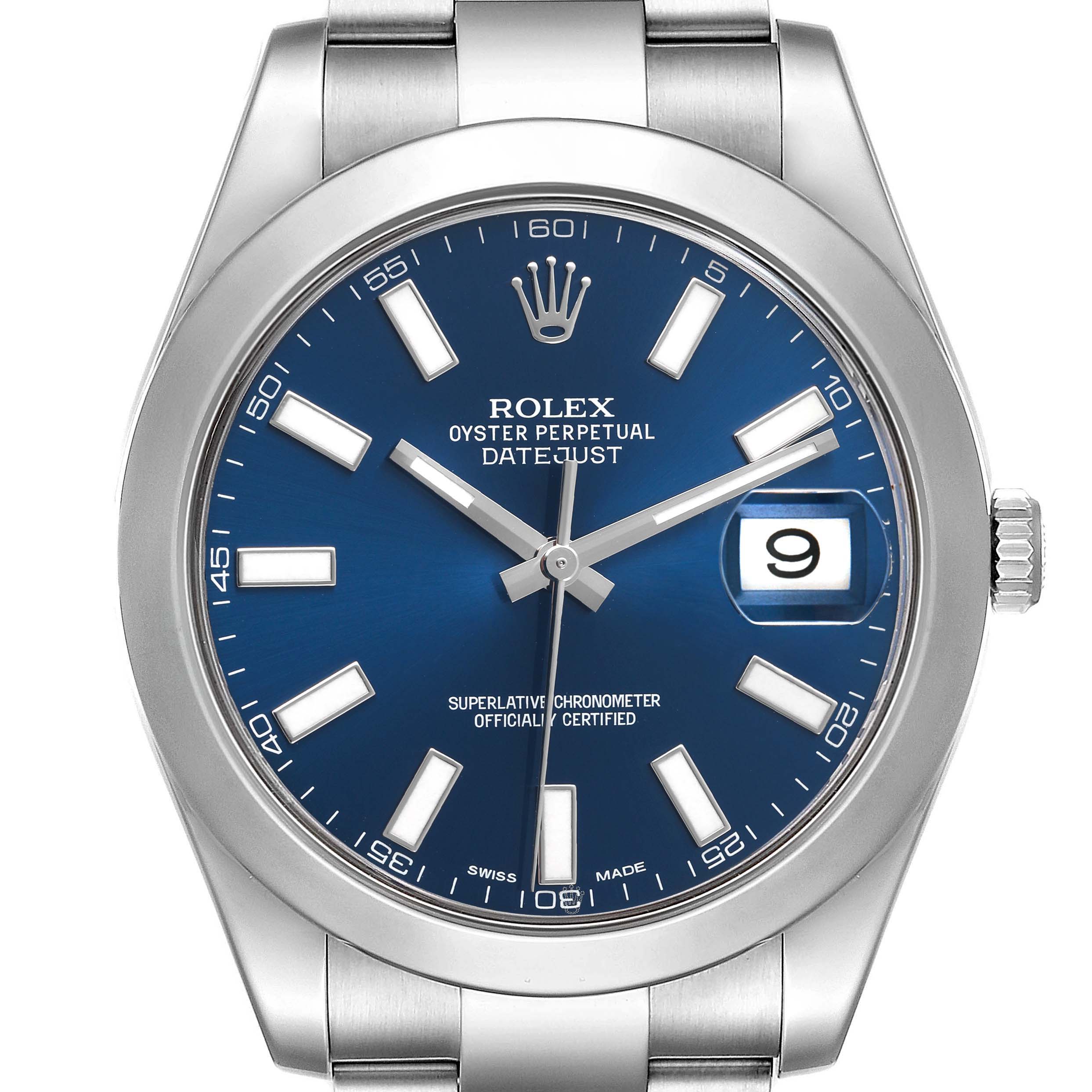 The Rolex Datejust 41 116300 Men's Stainless Steel Blue Dial watch is shown from a top-down angle, highlighting the blue dial, hour markers, and bezel.