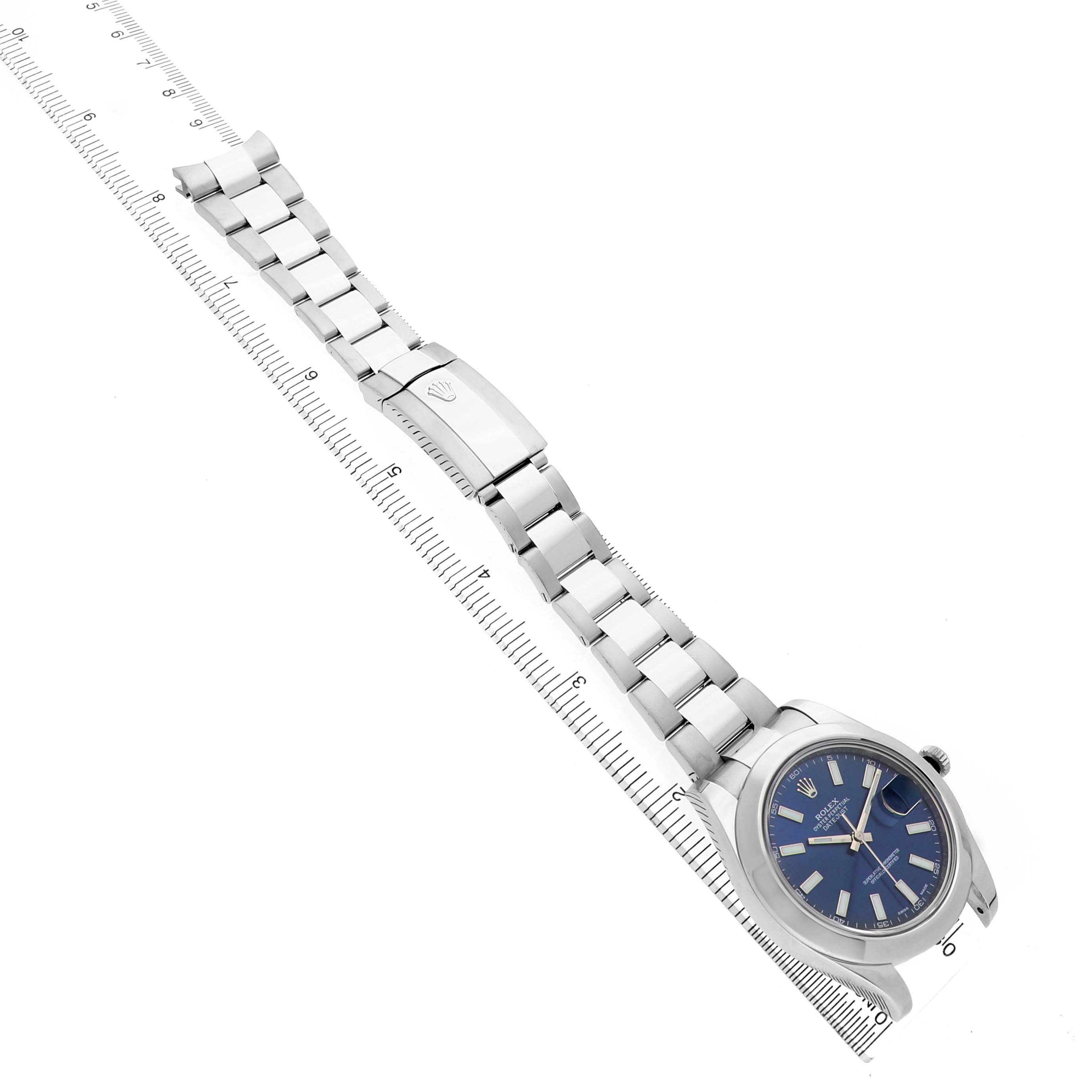 The Rolex Datejust 41 116300 Men's Stainless Steel Blue Dial is shown at a slight angle, highlighting the bracelet, clasp, and face.