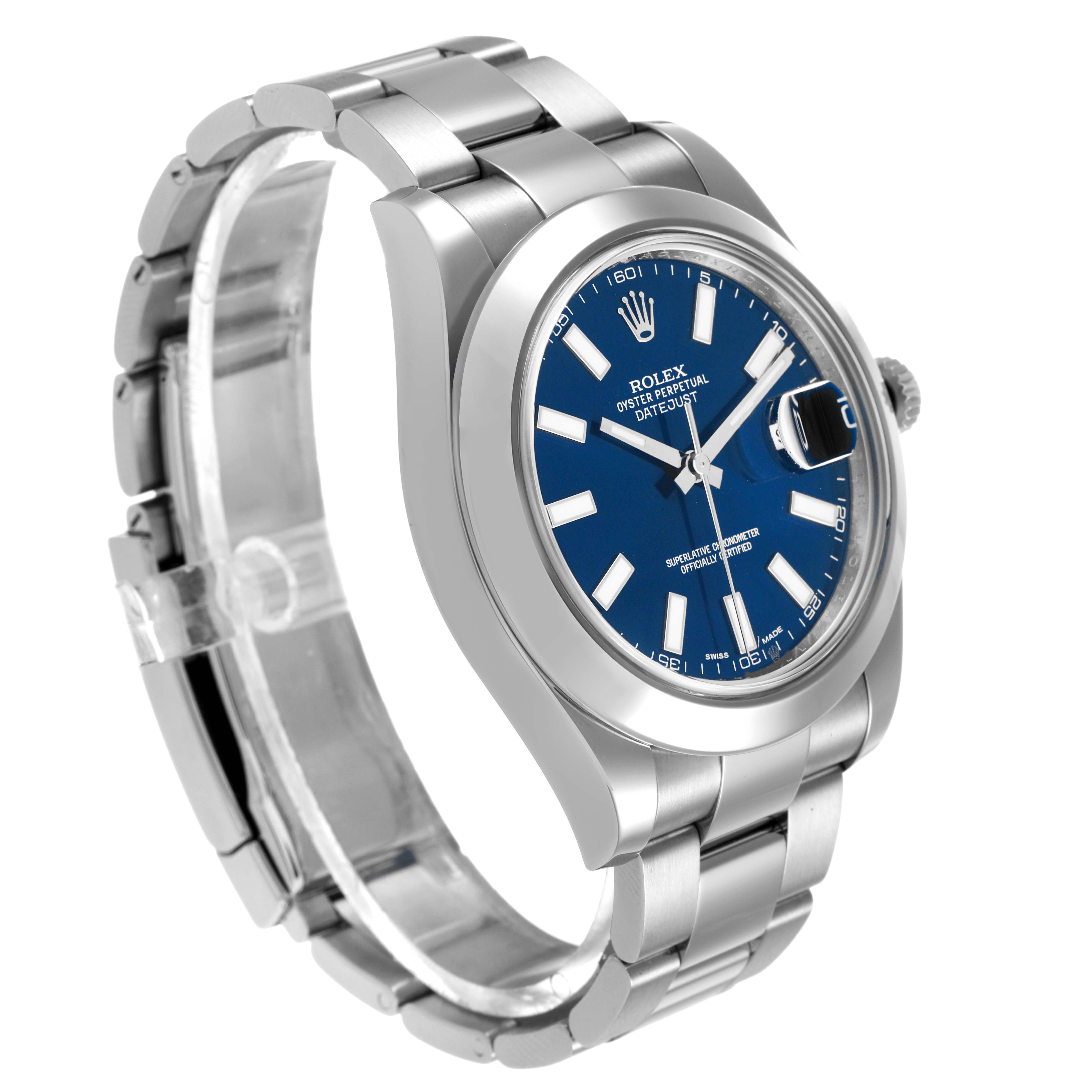 The Rolex Datejust 41 116300 Men's Stainless Steel Blue Dial watch is shown at an angled view displaying the case, dial, bezel, bracelet, and crown.