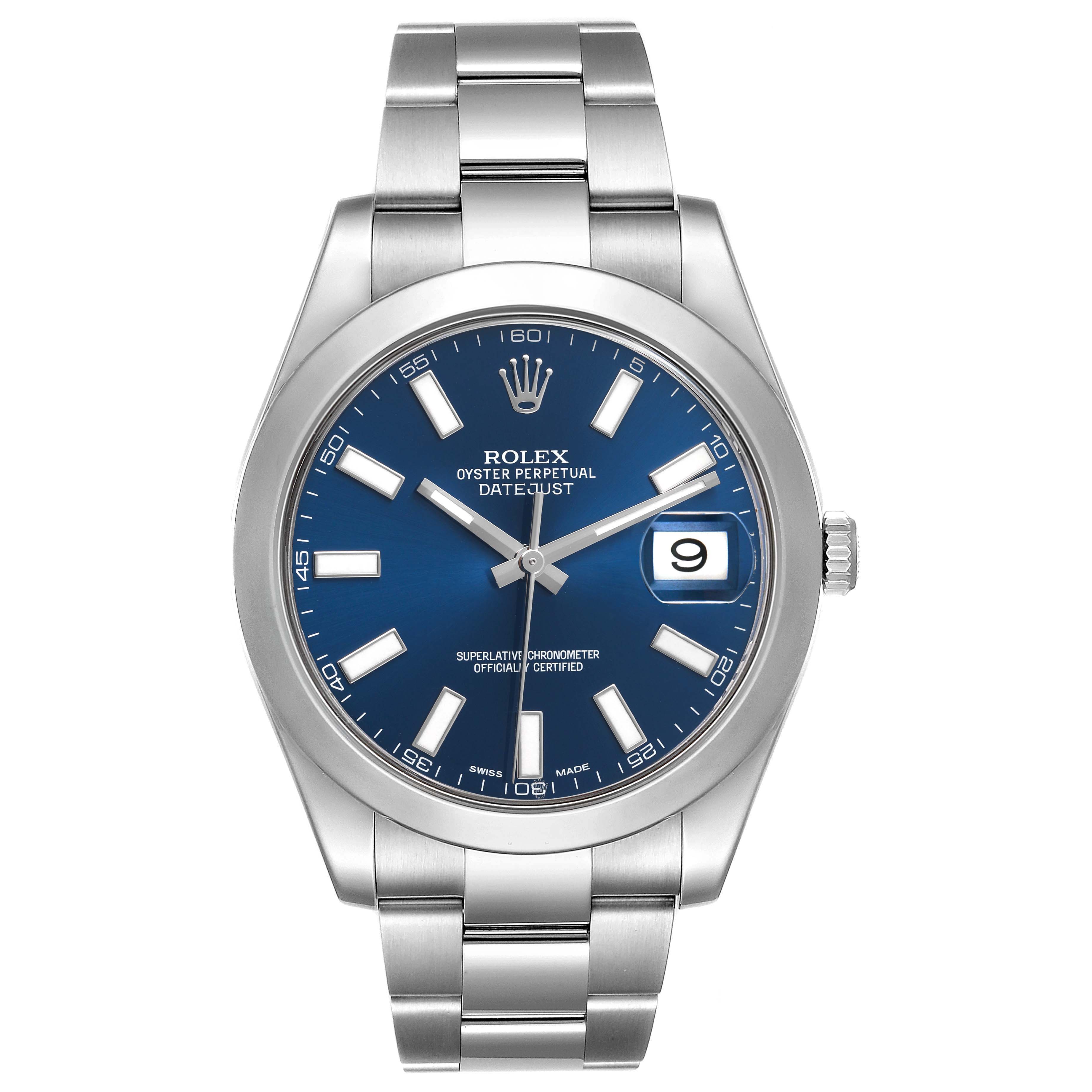 The Rolex Datejust 41 116300 Men's Stainless Steel Blue Dial is shown from the front, displaying its dial, bezel, bracelet, and date window.