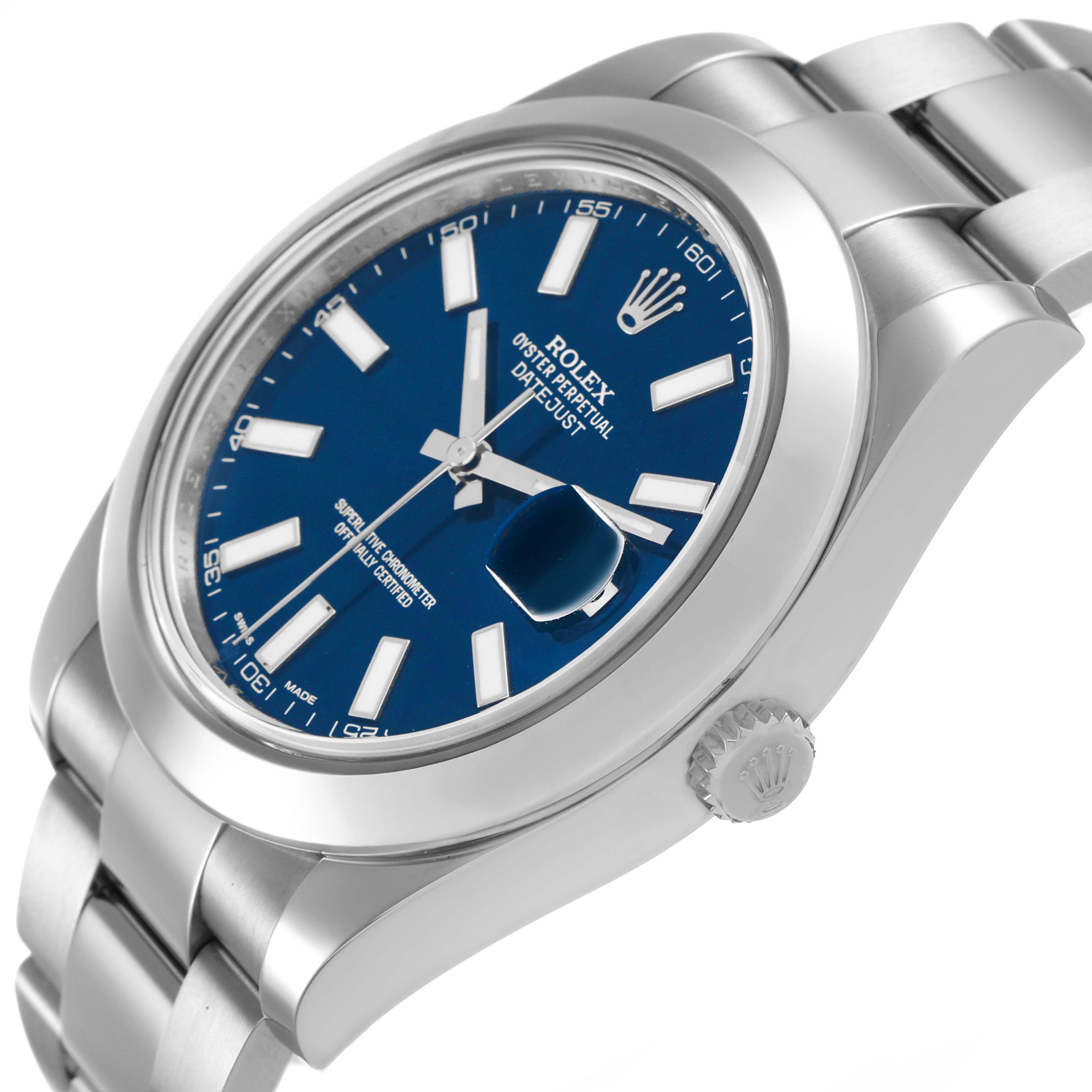 The Rolex Datejust 41 116300 Men's Stainless Steel Blue Dial is shown at an angled side view, displaying the dial, case, crown, and part of the bracelet.