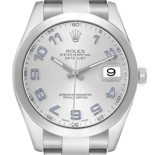 The Rolex Datejust 41 116300 Men's Stainless Steel Silver Dial watch is shown from the front, highlighting the dial, hands, and date window.