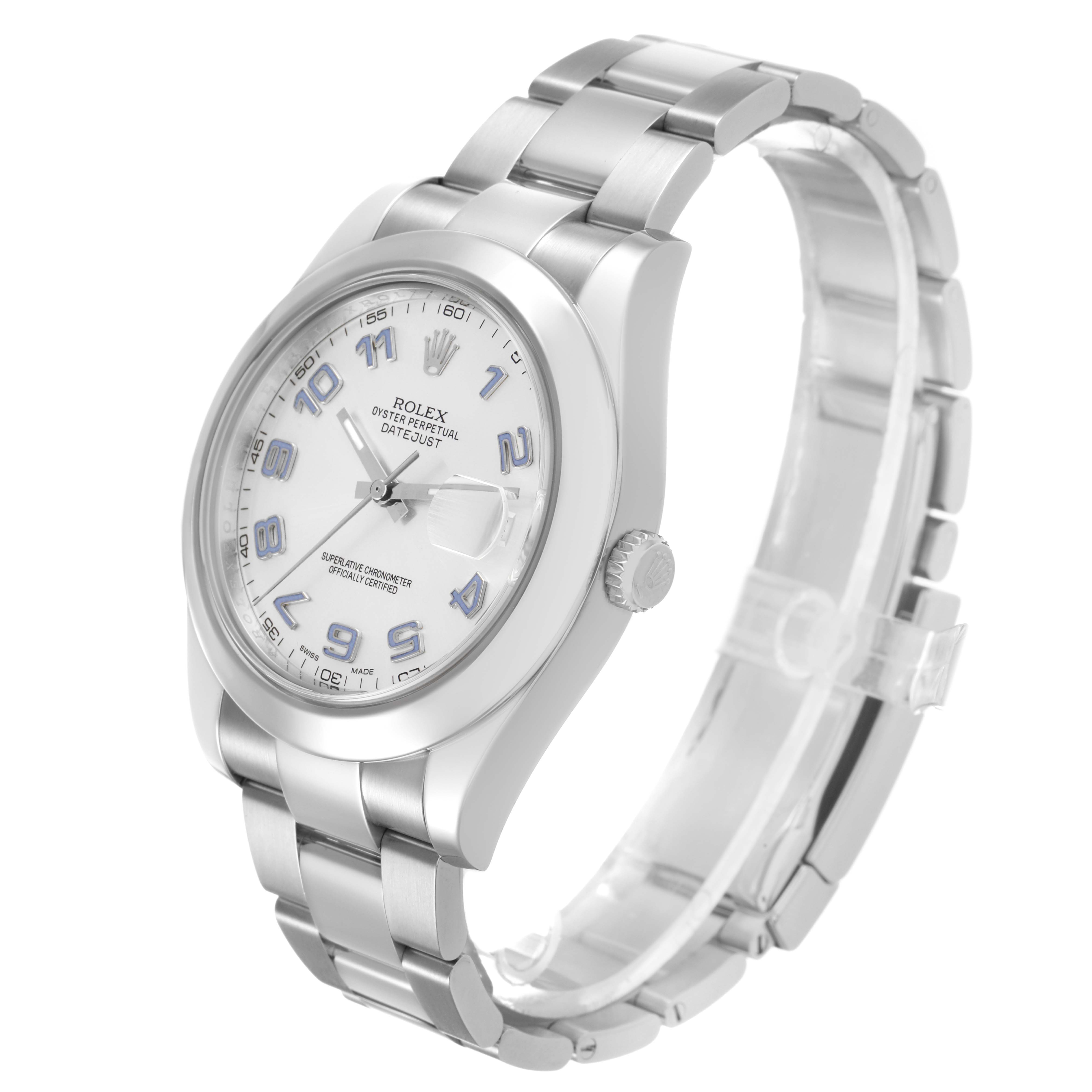 The Rolex Datejust 41 116300 Men's Stainless Steel Silver Dial is shown at a three-quarter angle, displaying the dial, bezel, crown, and bracelet.