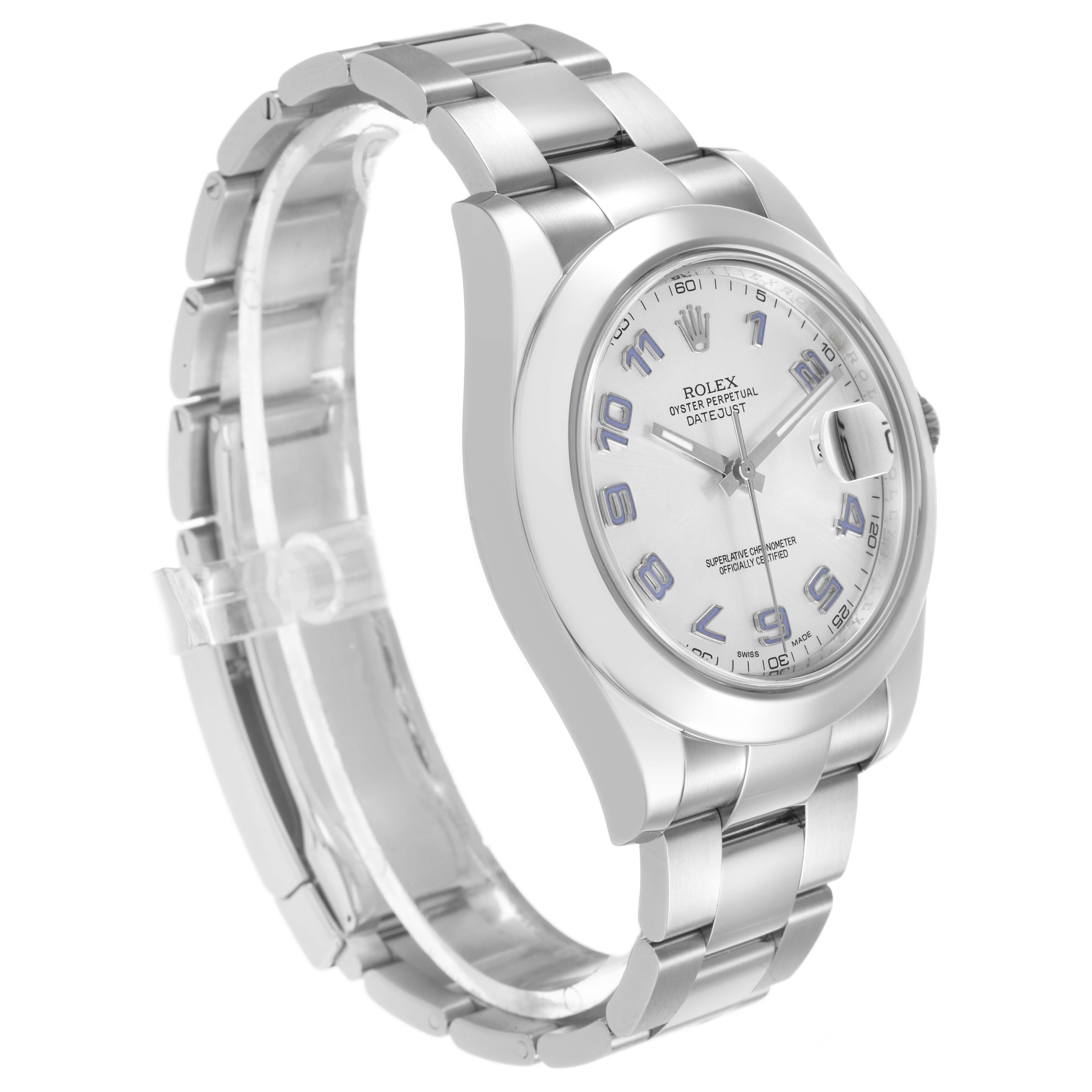 The Rolex Datejust 41 116300 Men's Stainless Steel Silver Dial is shown at a slight side angle, displaying the face, bezel, and bracelet.
