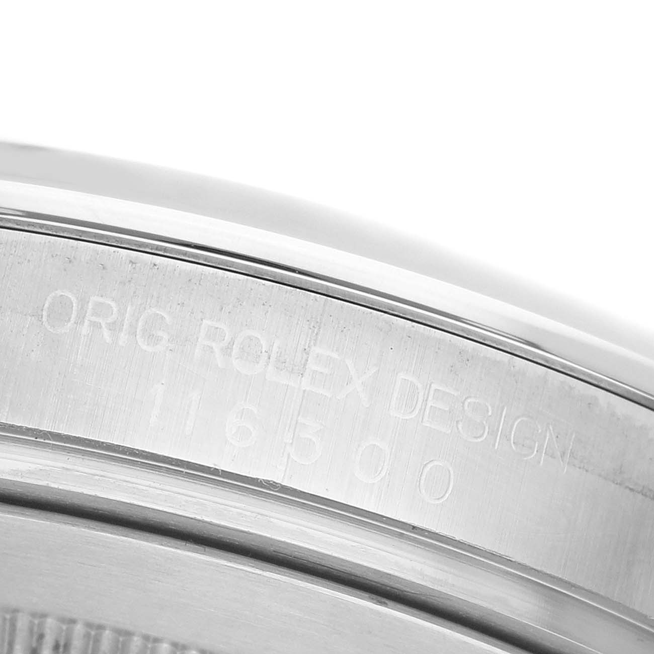 The image shows a close-up view of the side engraving on the case of a Rolex Datejust 41 116300 Men's Stainless Steel Silver Dial watch.