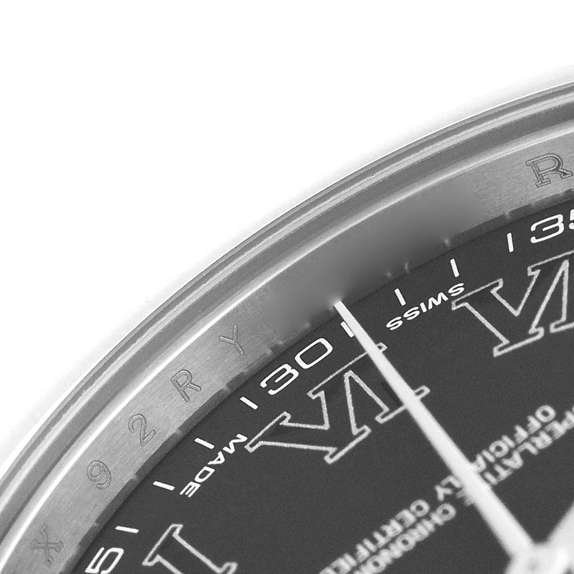 The image shows a close-up of the Rolex Datejust 41 116300 Men's Stainless Steel Grey Dial watch face, focusing on the dial's edge, Roman numerals, and part of the bezel.