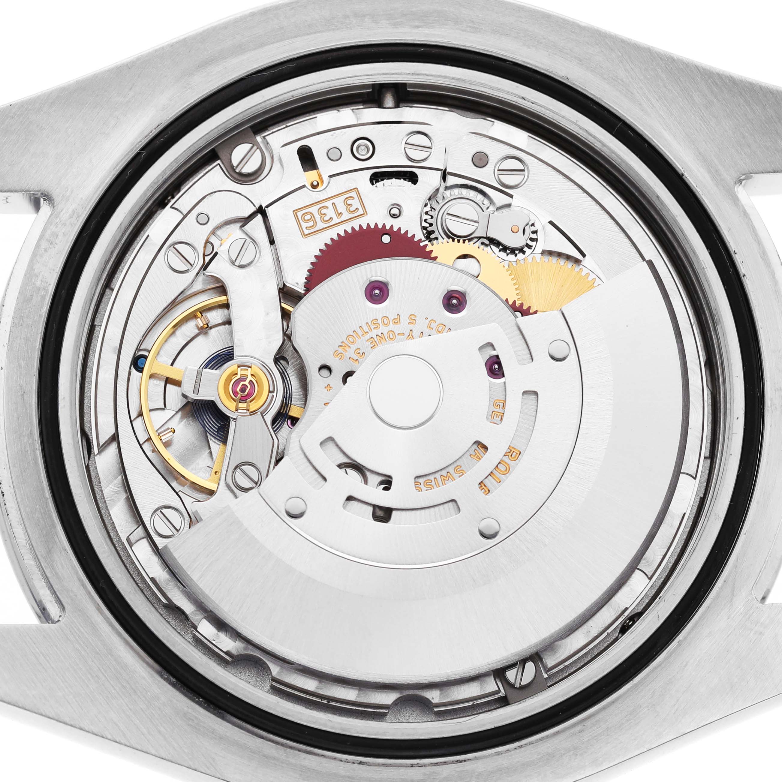 The image shows the Rolex Datejust 41 116300 Men's Stainless Steel Grey Dial's movement from a back view, highlighting gears and the rotor.