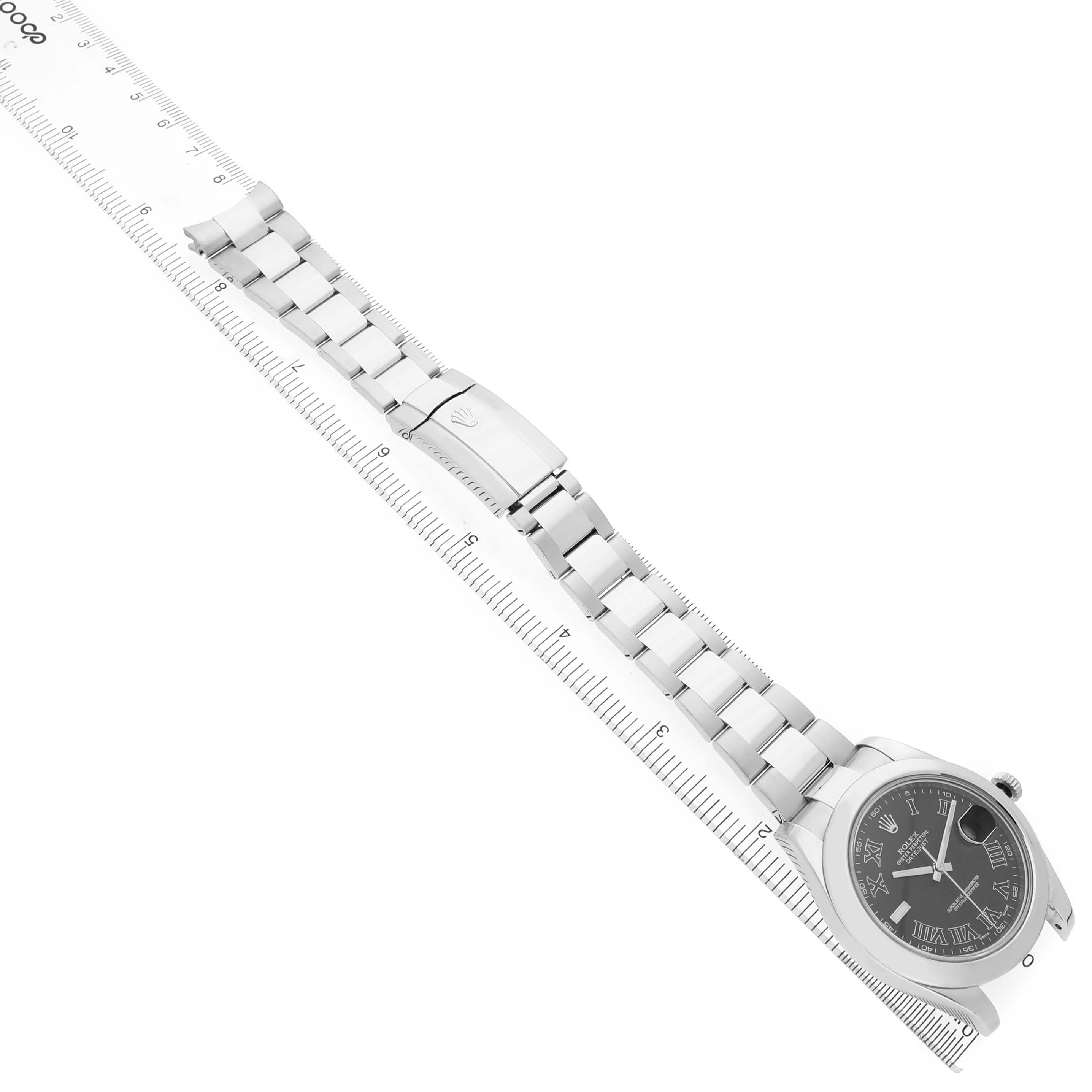 The Rolex Datejust 41 116300 Men's Stainless Steel Grey Dial is shown diagonally with its bracelet flat, alongside a ruler for size reference.