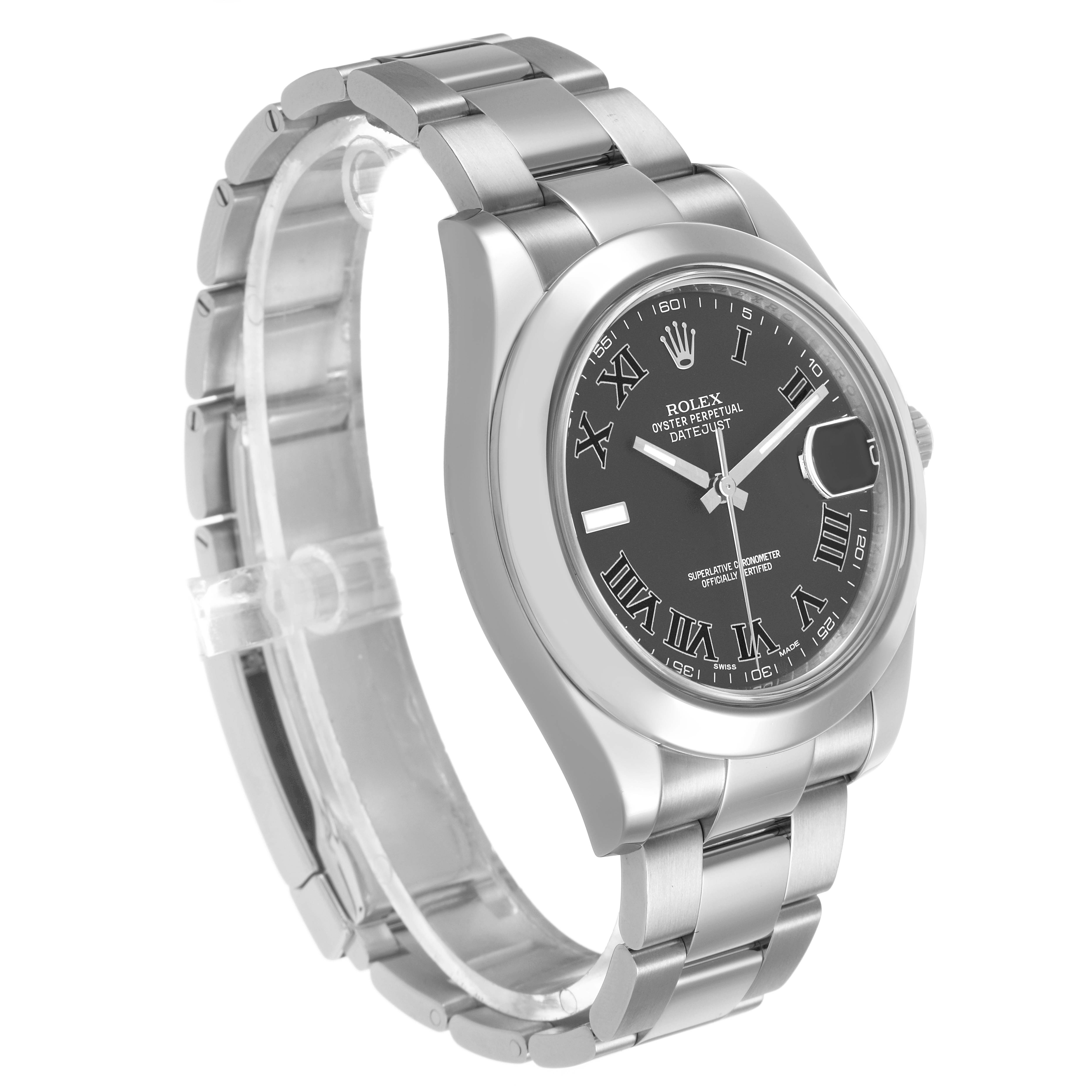 The Rolex Datejust 41 116300 Men's Stainless Steel Grey Dial is shown at an angled view, displaying its face, bezel, bracelet, and clasp.