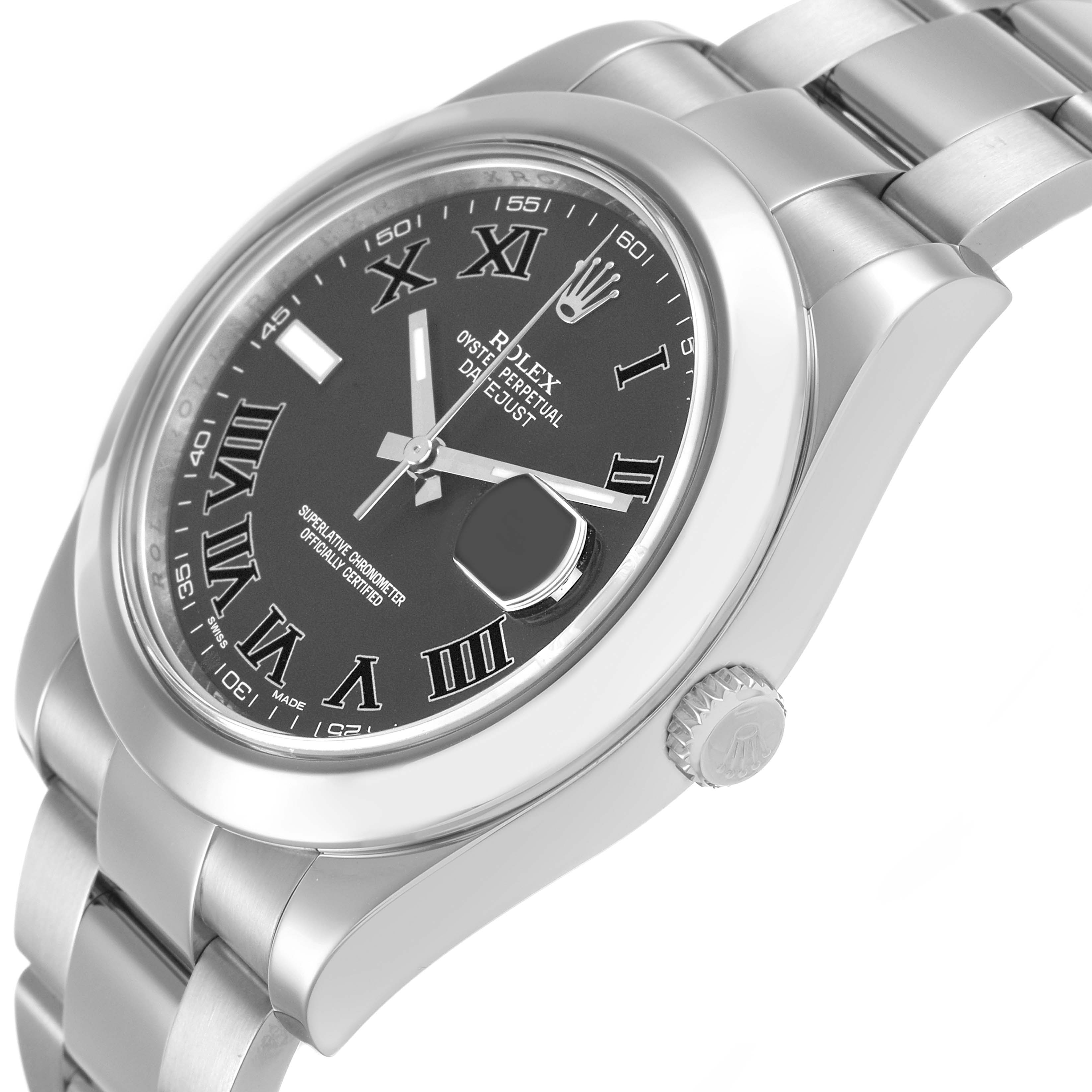 The Rolex Datejust 41 116300 Men's Stainless Steel Grey Dial is shown from an angled side view, highlighting the dial, crown, and bracelet.