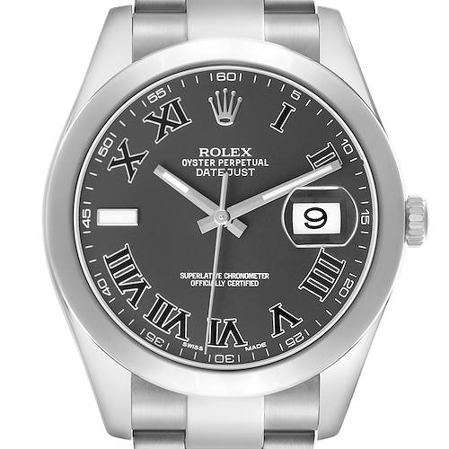 The Rolex Datejust 41 116300 Men's Stainless Steel Grey Dial is shown from a front angle, highlighting the dial, hands, date window, and bezel.