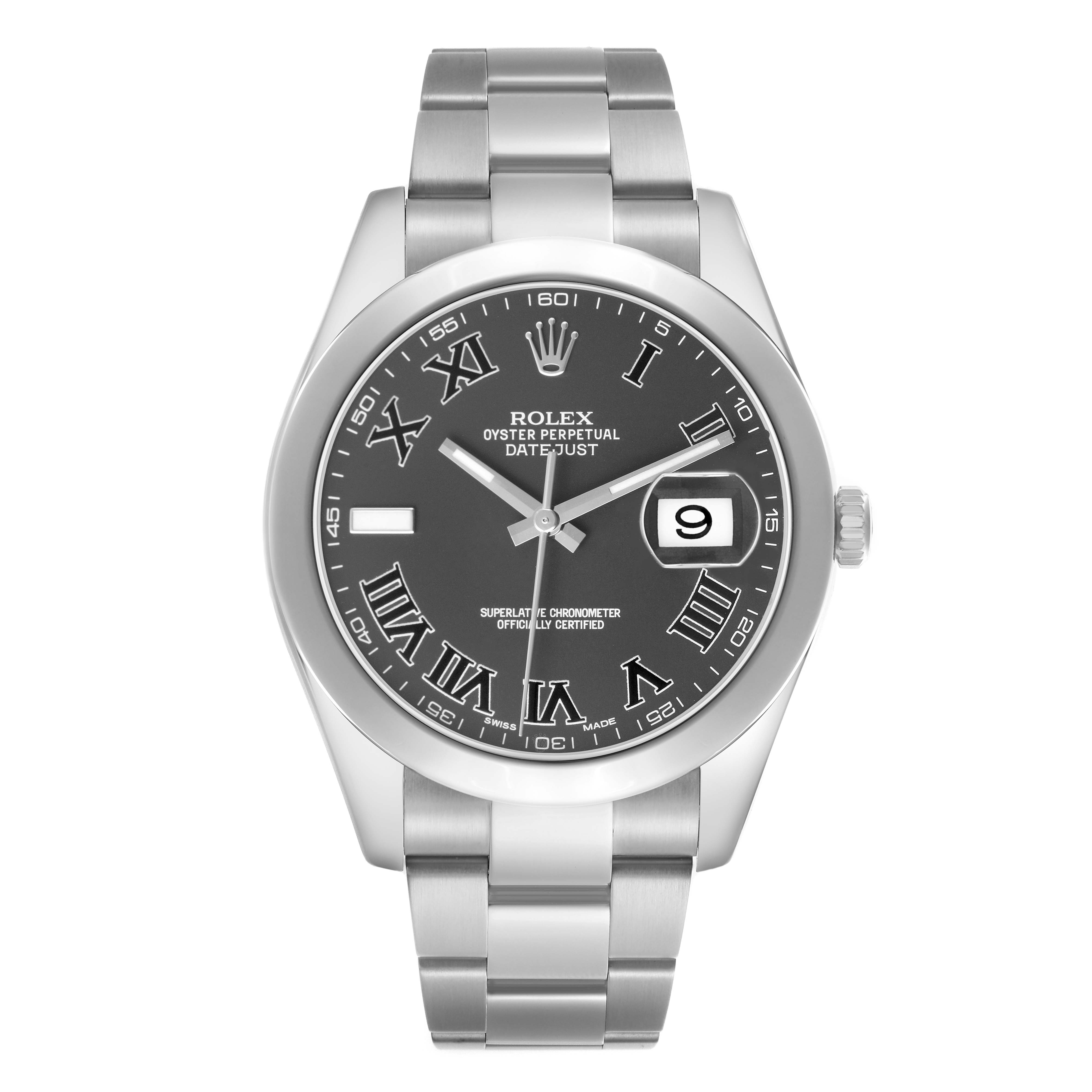 The Rolex Datejust 41 116300 Men's Stainless Steel Grey Dial is shown from the front, displaying the dial, bracelet, and crown.