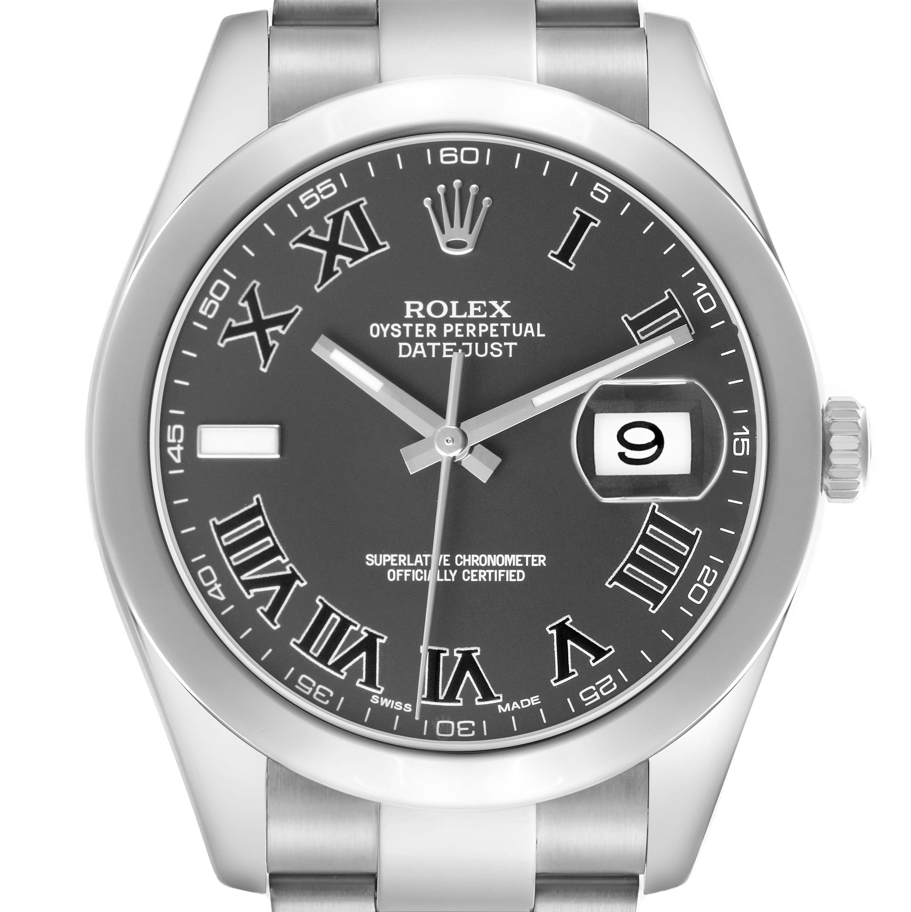 The image shows a front view of the Rolex Datejust 41 116300 Men's Stainless Steel Grey Dial, highlighting the dial, bezel, and part of the bracelet.