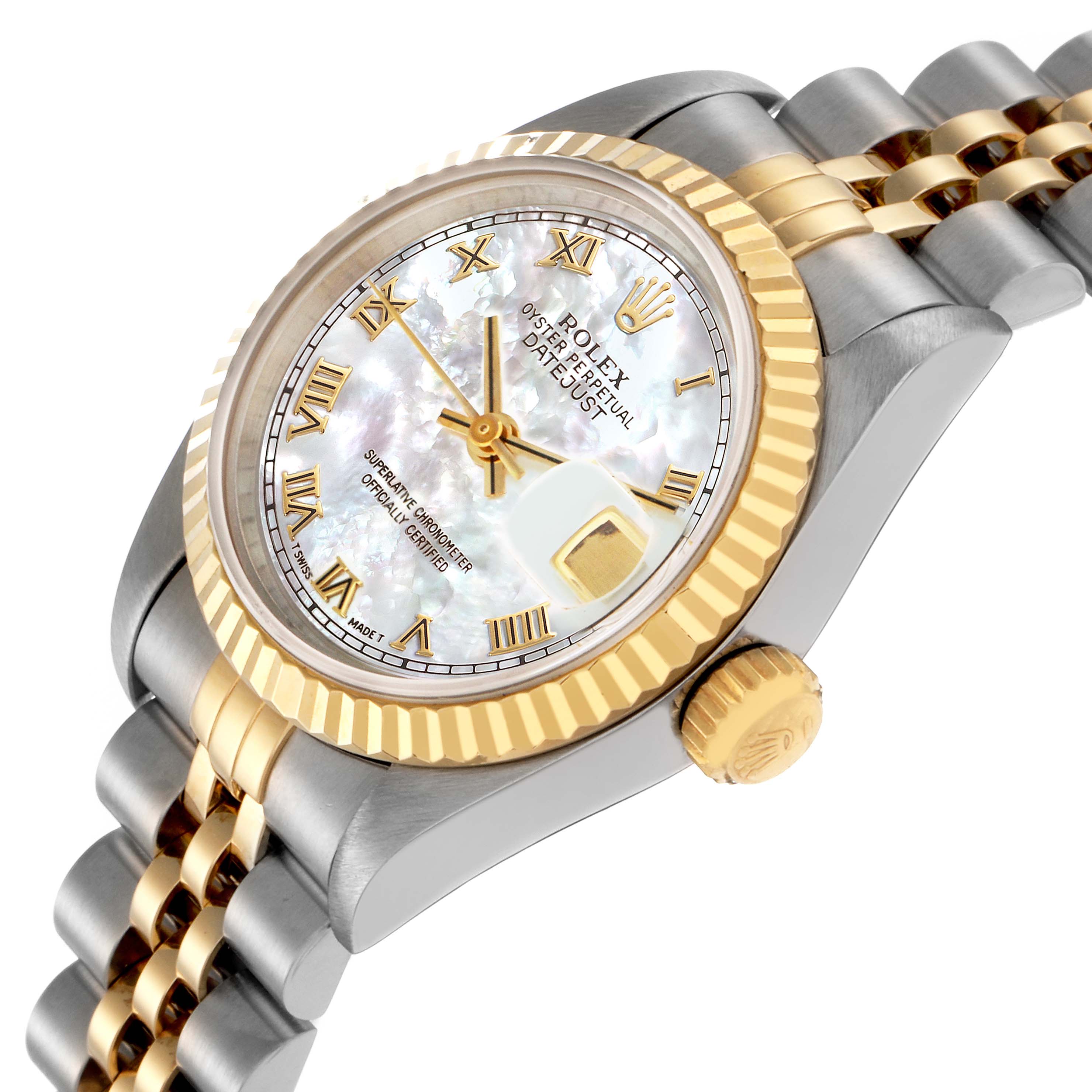 The Rolex Datejust 69173 Women
s Steel and Gold (two tone) Mother of Pearl Dial 69173 Women
s Steel and Gold (two tone) Mother of Pearl Dial watch is shown from a slightly angled top view, highlighting the bezel, crown, dial, and part of the bracelet.