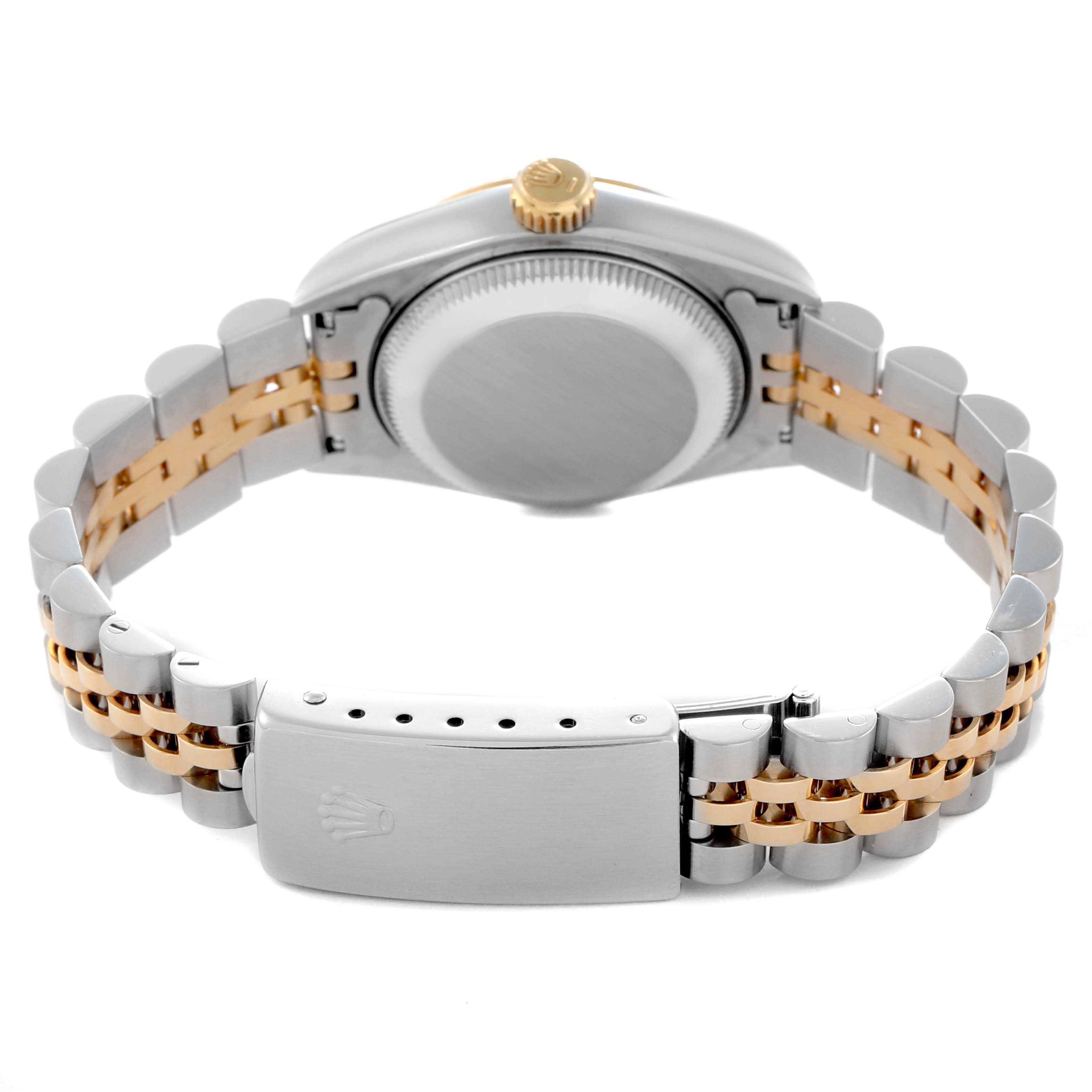 The image shows the back of a Rolex Datejust 69173 Women
s Steel and Gold (two tone) Mother of Pearl Dial 69173 Women
s Steel and Gold (two tone) Mother of Pearl Dial, featuring its case, gold crown, and two-tone bracelet with a clasp.
