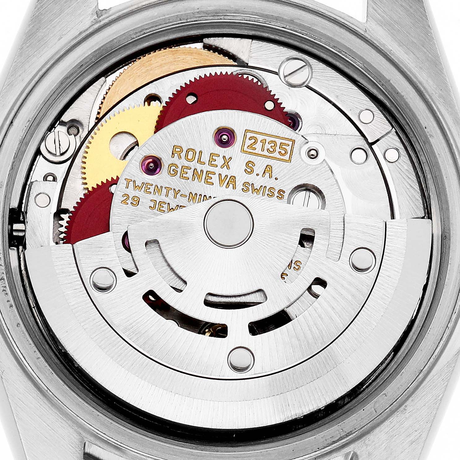 The image shows the intricate movement parts of a Rolex Datejust 69173 Women
s Steel and Gold (two tone) Mother of Pearl Dial 69173 Women
s Steel and Gold (two tone) Mother of Pearl Dial watch from a rear angle.