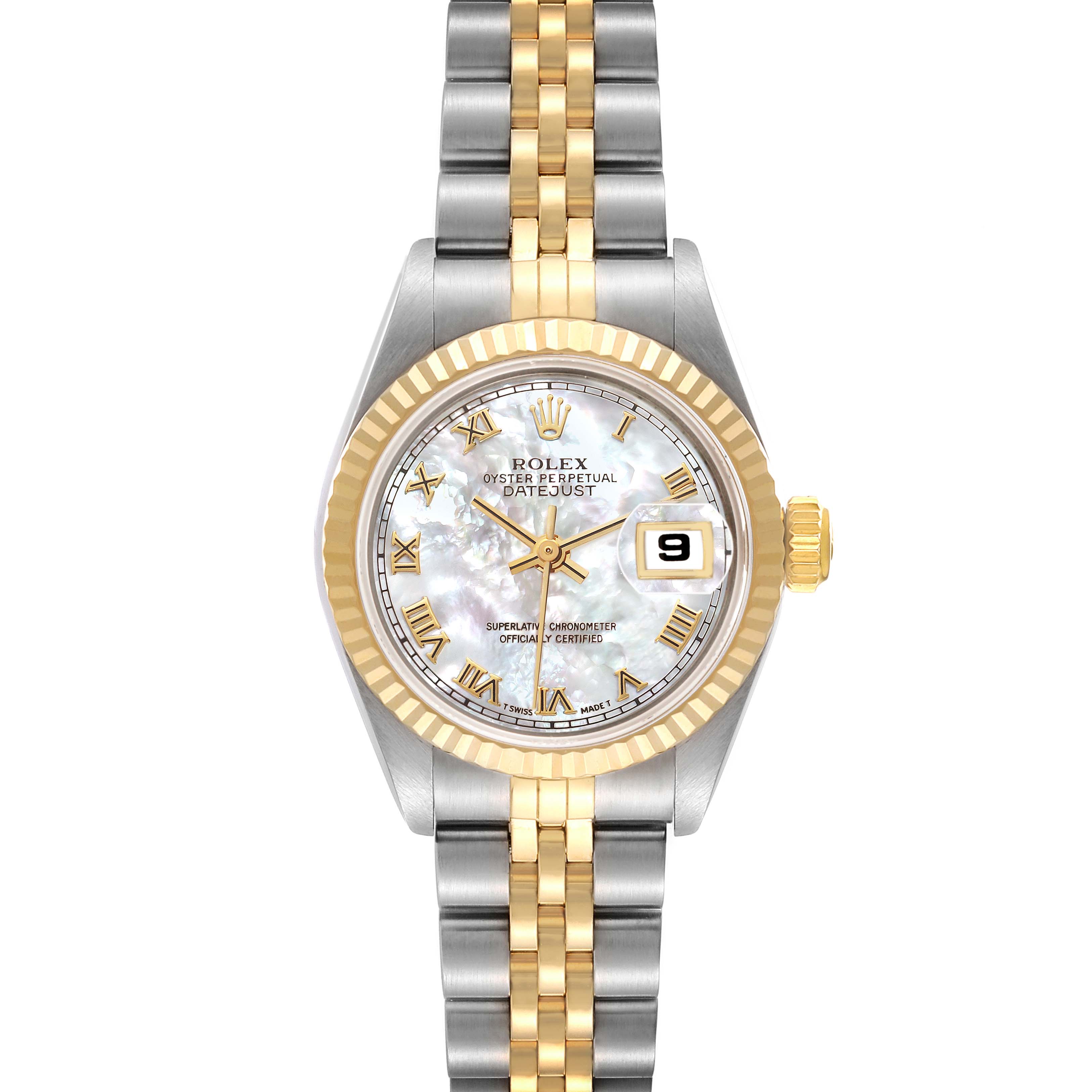 The Rolex Datejust 69173 Women
s Steel and Gold (two tone) Mother of Pearl Dial 69173 Women
s Steel and Gold (two tone) Mother of Pearl Dial watch is shown from the front, displaying the dial, hands, bezel, and bracelet.
