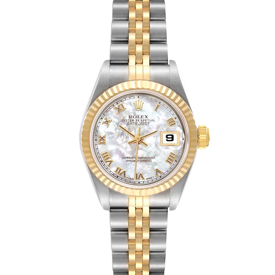 The Rolex Datejust watch is shown from the front, displaying the dial, hands, bezel, and bracelet.