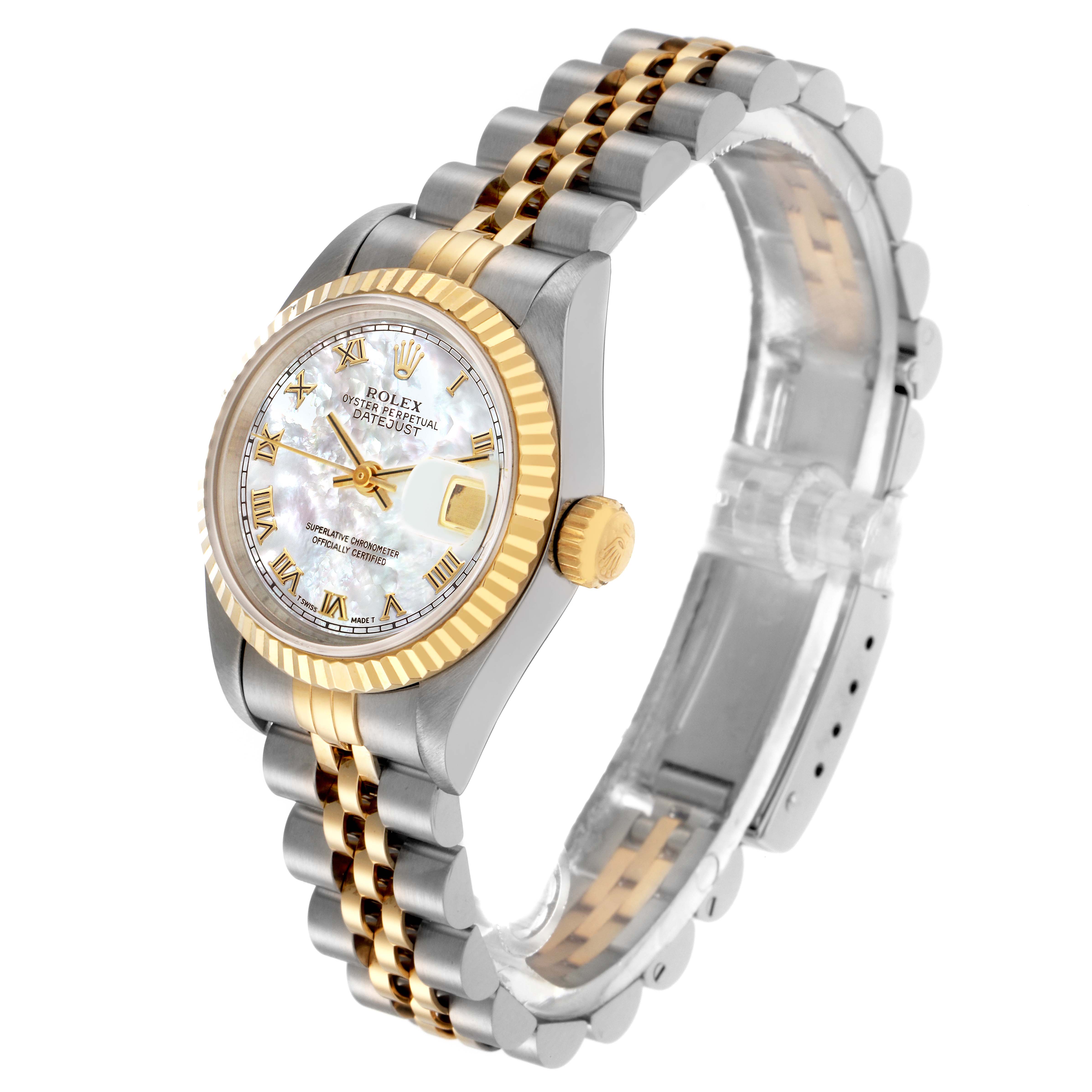 The Rolex Datejust 69173 Women
s Steel and Gold (two tone) Mother of Pearl Dial 69173 Women
s Steel and Gold (two tone) Mother of Pearl Dial watch is shown at a three-quarter angle, displaying the face, bezel, crown, and linked bracelet.